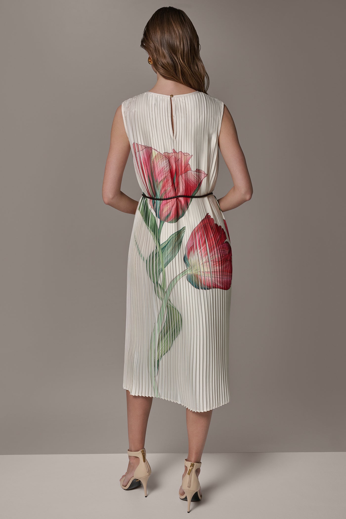 Donna Karan Women's Floral Pleated Midi A-Line Dress in Geranium Multi Donna Karan Women's Floral Pleated Midi A-Line Dress in Geranium Multi