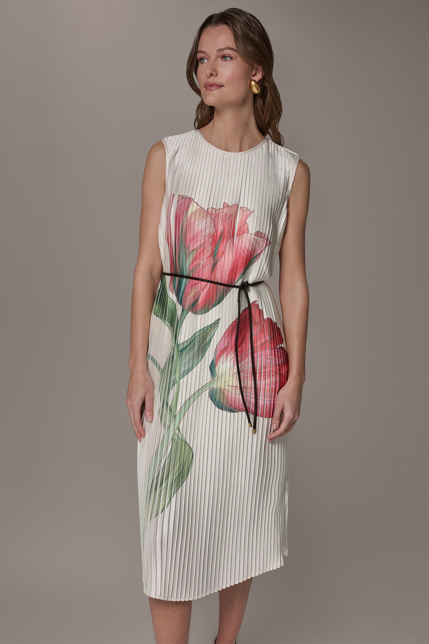Donna Karan Women's Floral Pleated Midi A-Line Dress in Geranium Multi Donna Karan Women's Floral Pleated Midi A-Line Dress in Geranium Multi