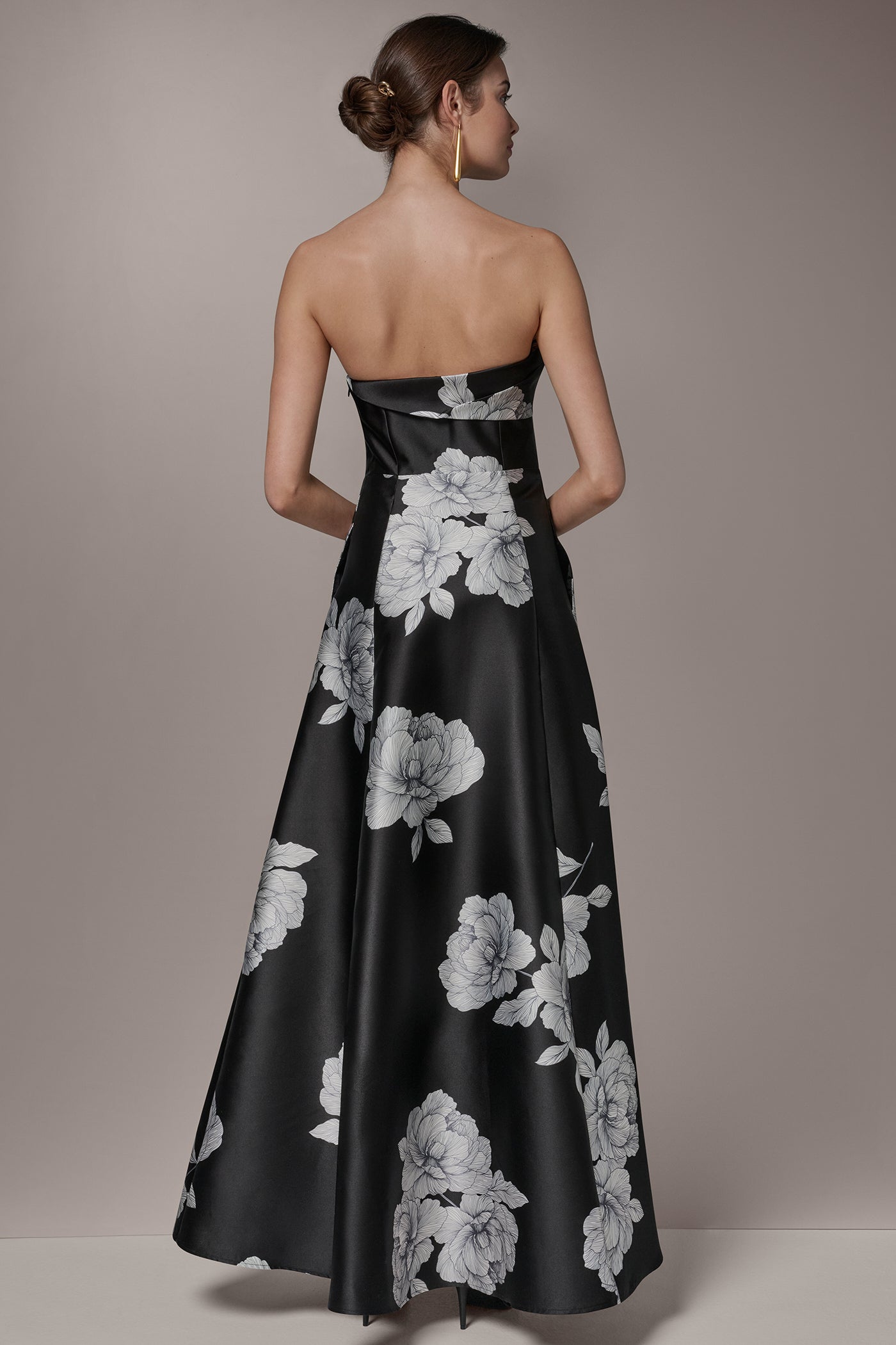 Donna Karan Women's Mikado Floral Strapless Ball Gown Dress in Black Cream Donna Karan Women's Mikado Floral Strapless Ball Gown Dress in Black Cream