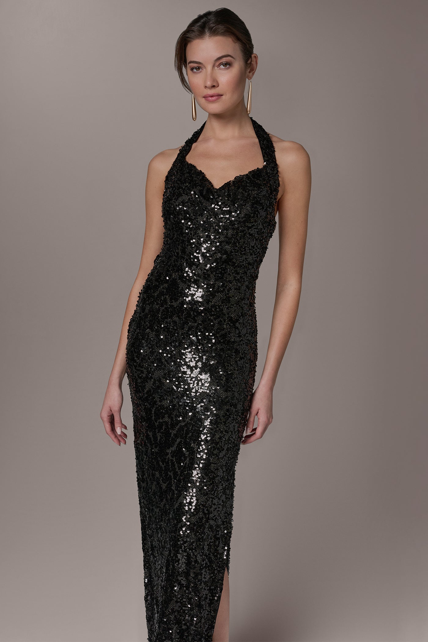 Donna Karan Women's Sequin Halter Gown Dress in Black Donna Karan Women's Sequin Halter Gown Dress in Black