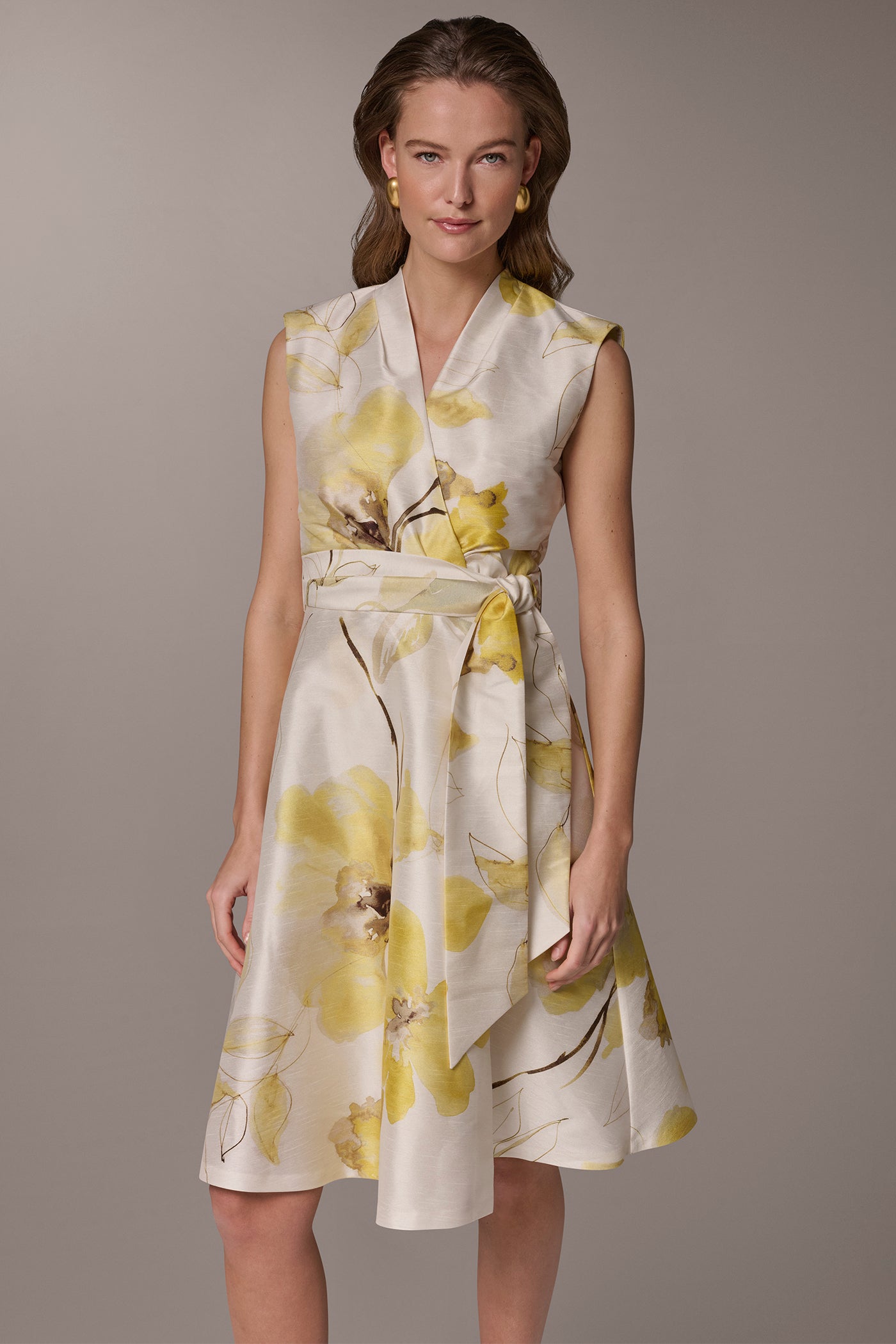donna karan midi dress Donna Karan Women's Floral Jacquard Wrap-Effect Midi Dress in Limoncello Multi