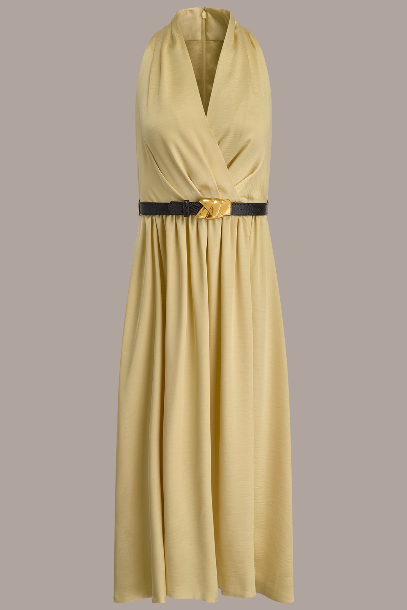 SATIN-JACQUARD WRAP-EFFECT MIDI HALTER DRESS VIEW 9 | Essential Dresses