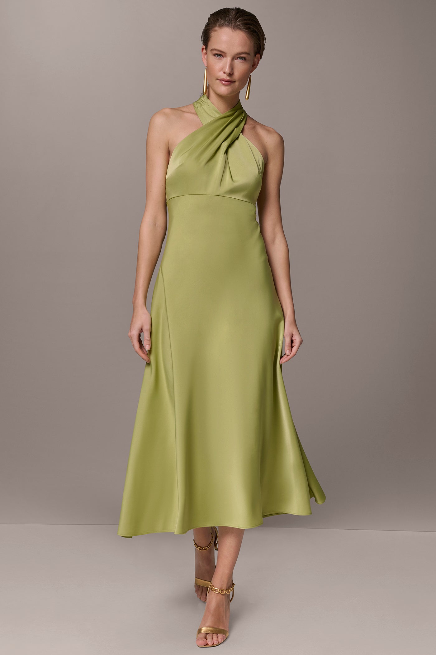 Donna Karan Women's Satin Midi A-Line Halter Dress in Kiwi Donna Karan Women's Satin Midi A-Line Halter Dress in Kiwi