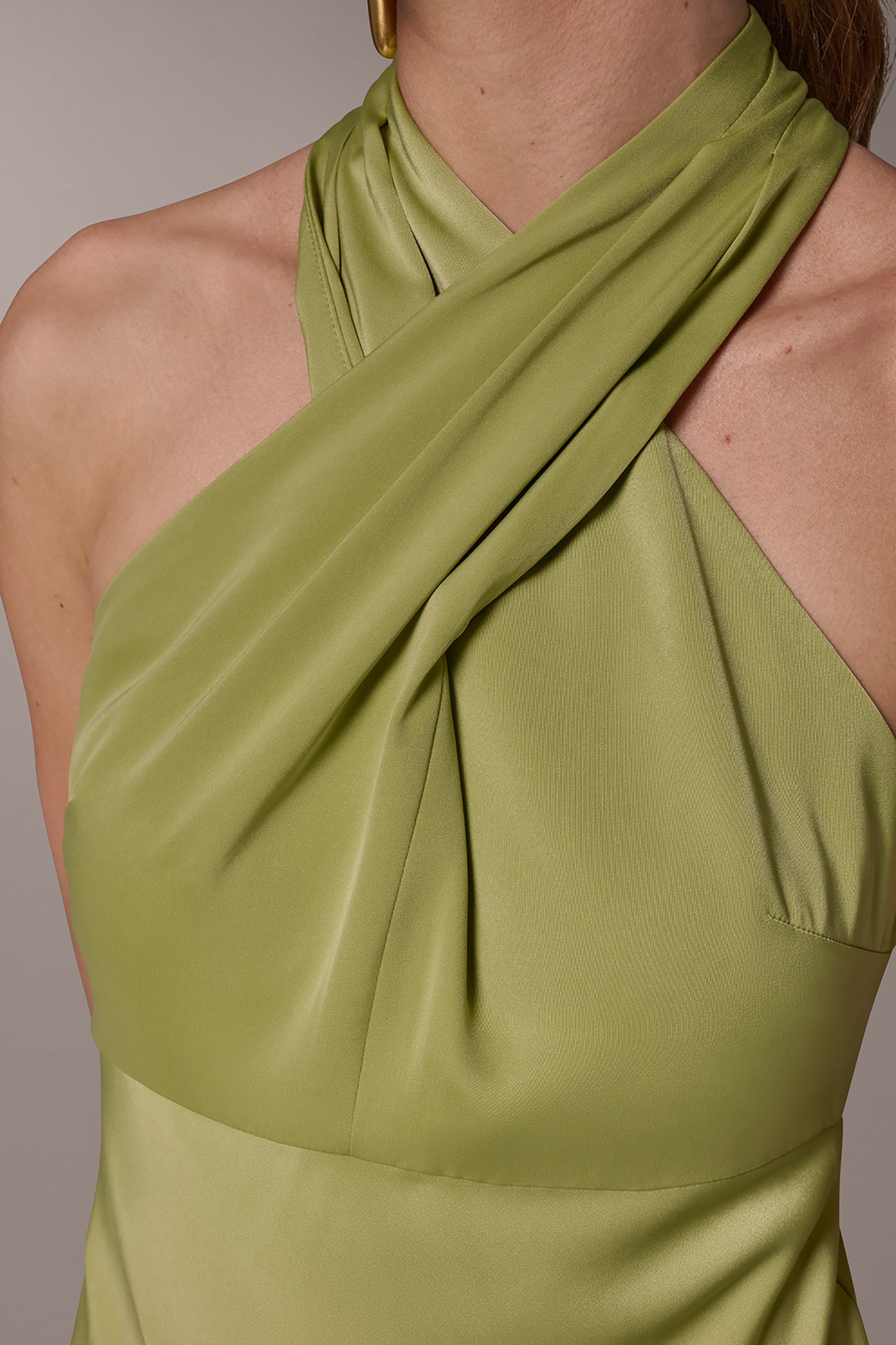 Donna Karan Women's Satin Midi A-Line Halter Dress in Kiwi Donna Karan Women's Satin Midi A-Line Halter Dress in Kiwi