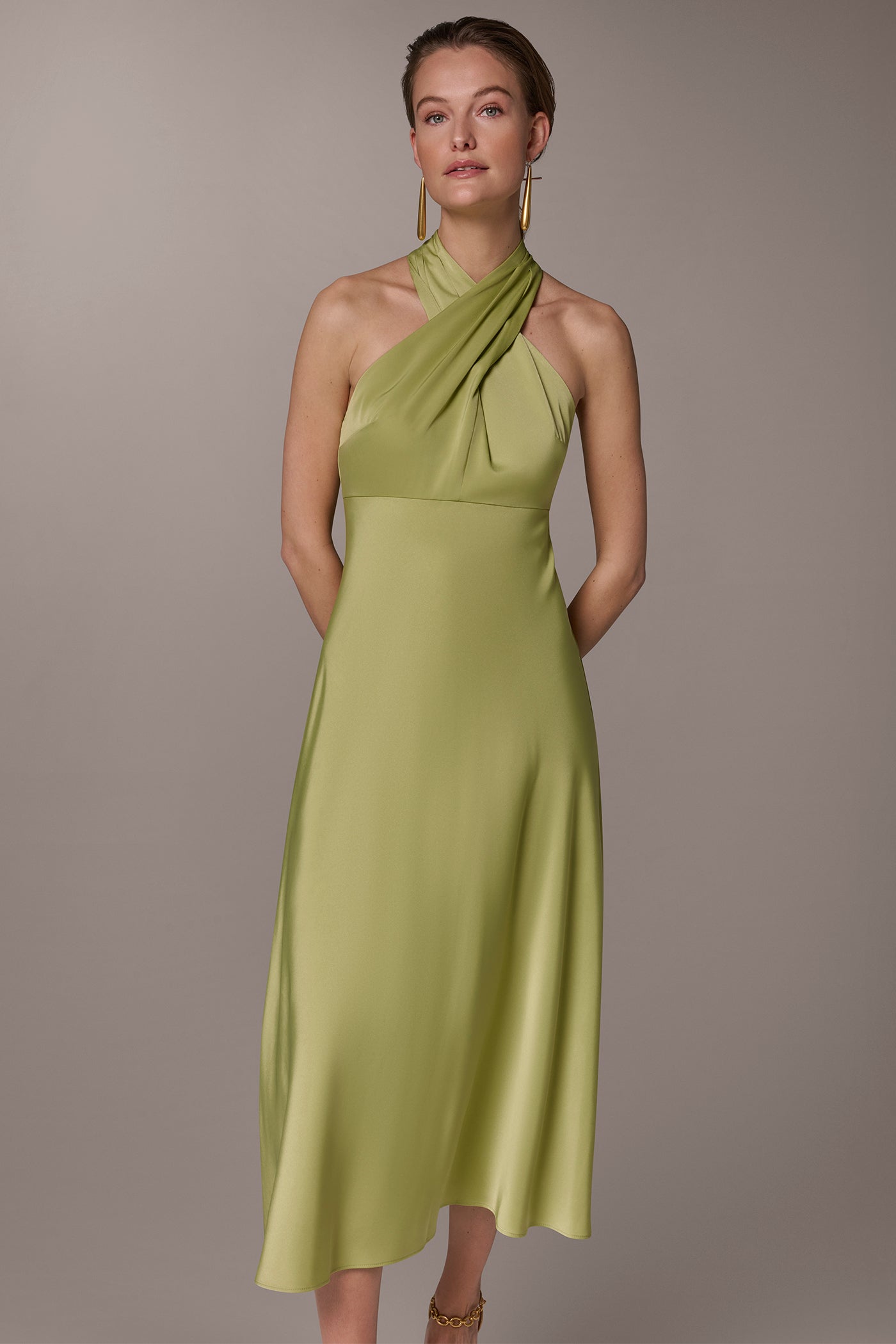 Donna Karan Women's Satin Midi A-Line Halter Dress in Kiwi Donna Karan Women's Satin Midi A-Line Halter Dress in Kiwi