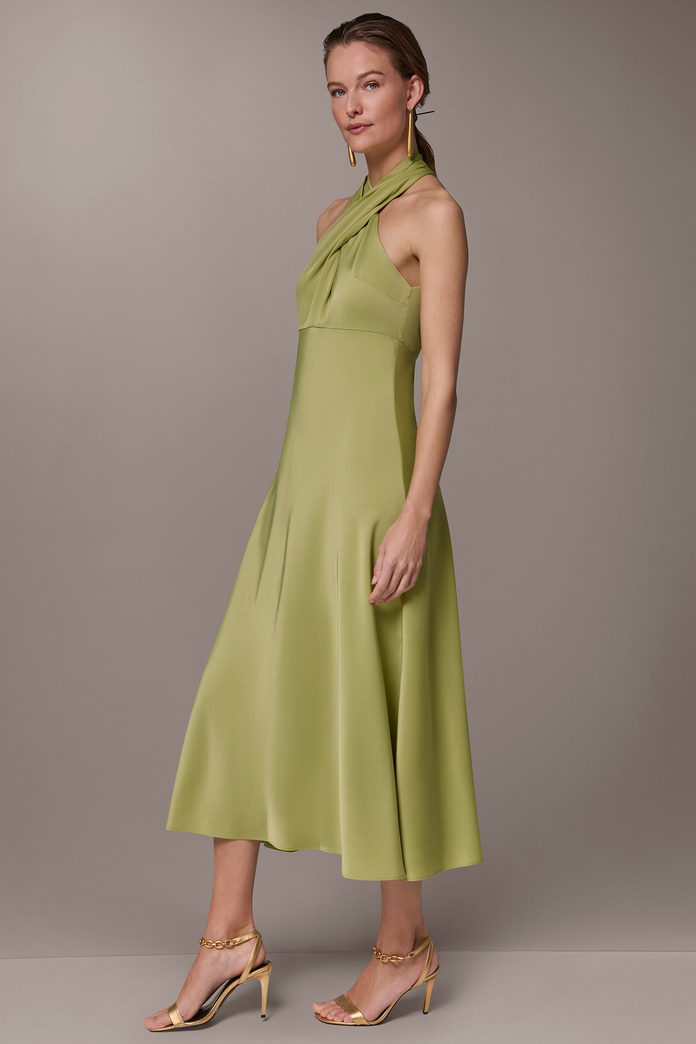 Donna Karan Women's Satin Midi A-Line Halter Dress in Kiwi Donna Karan Women's Satin Midi A-Line Halter Dress in Kiwi