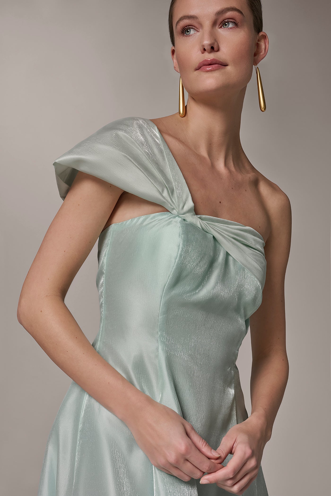twisted one shoulder dress ARRANGE one shoulder draped twist detail maxi dress with metal trim detail in buttermilk