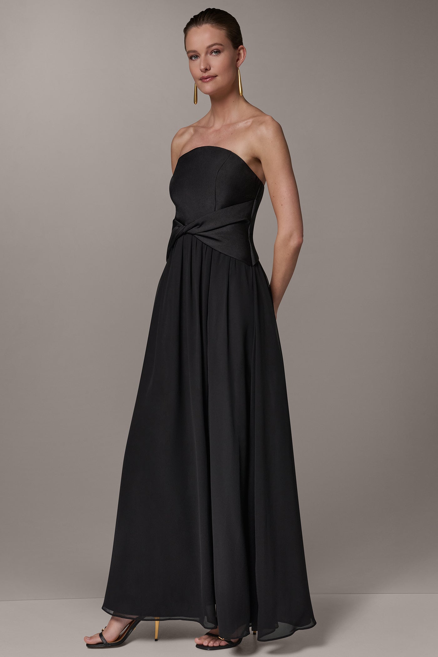 MIKADO AND CHIFFON STRAPLESS TWIST GOWN