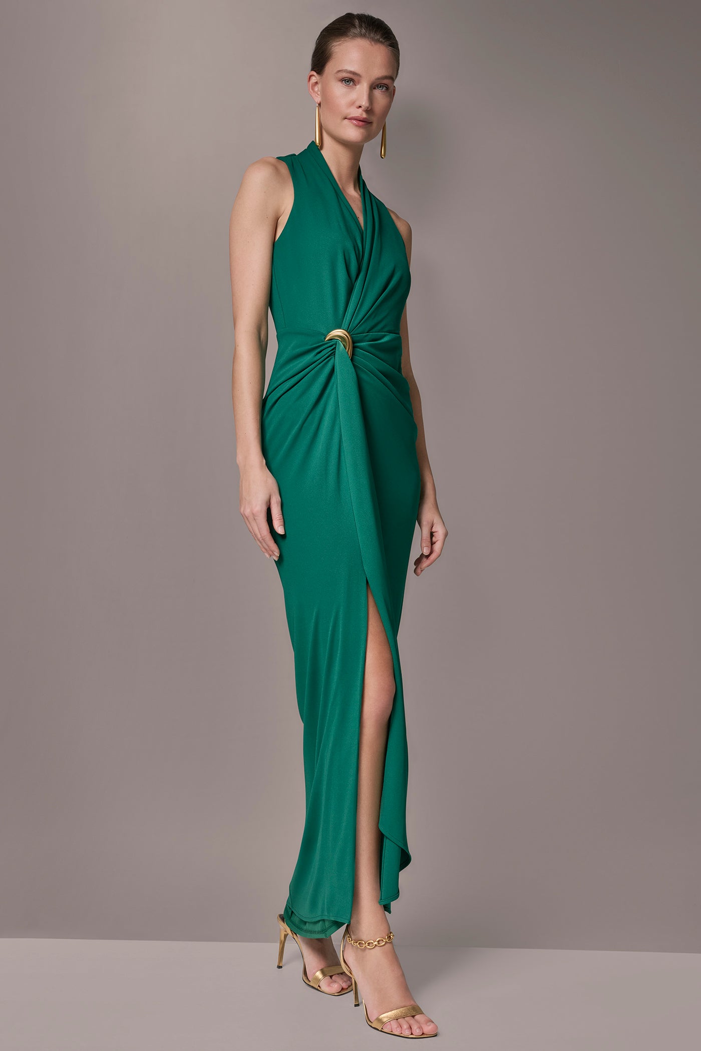 SLEEVELESS WRAP-EFFECT V-NECK GOWN VIEW 3
