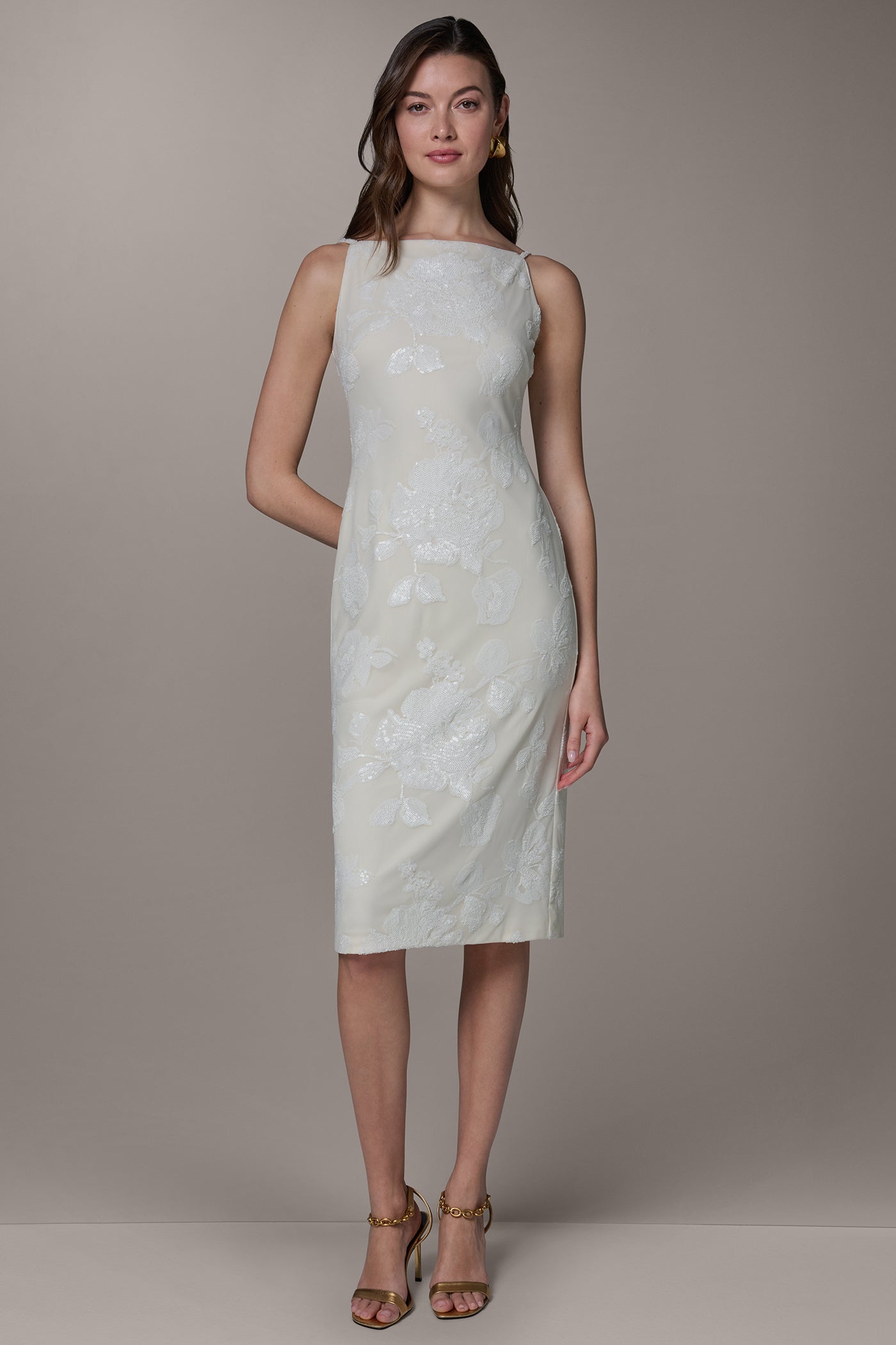 donna karan sleeveless boat neck floral scuba midi sheath dress Donna Karan Square Neck Midi Dress in Pink