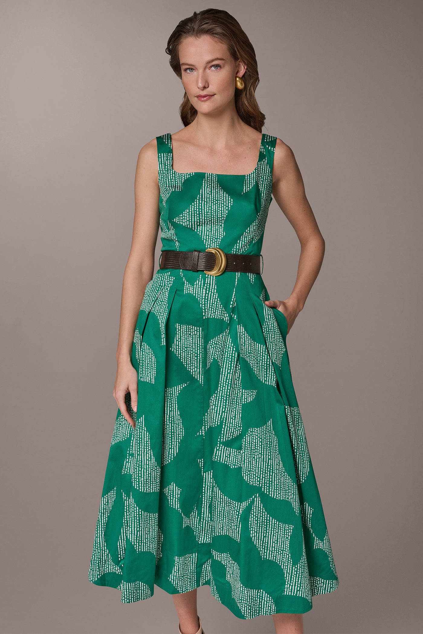 SQUARE NECK BELTED A LINE MIDI DRESS VIEW 6