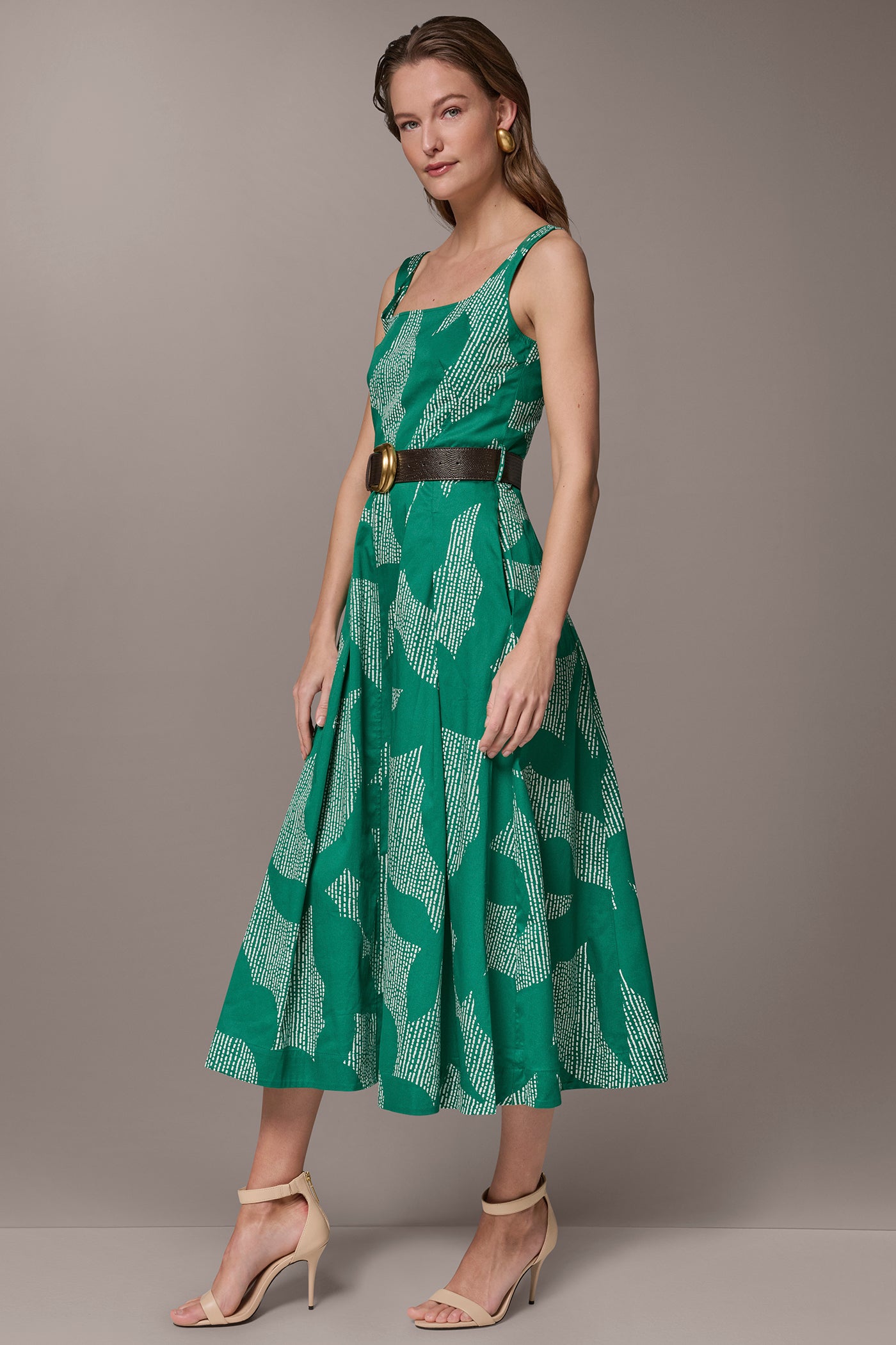 SQUARE NECK BELTED A LINE MIDI DRESS VIEW 3