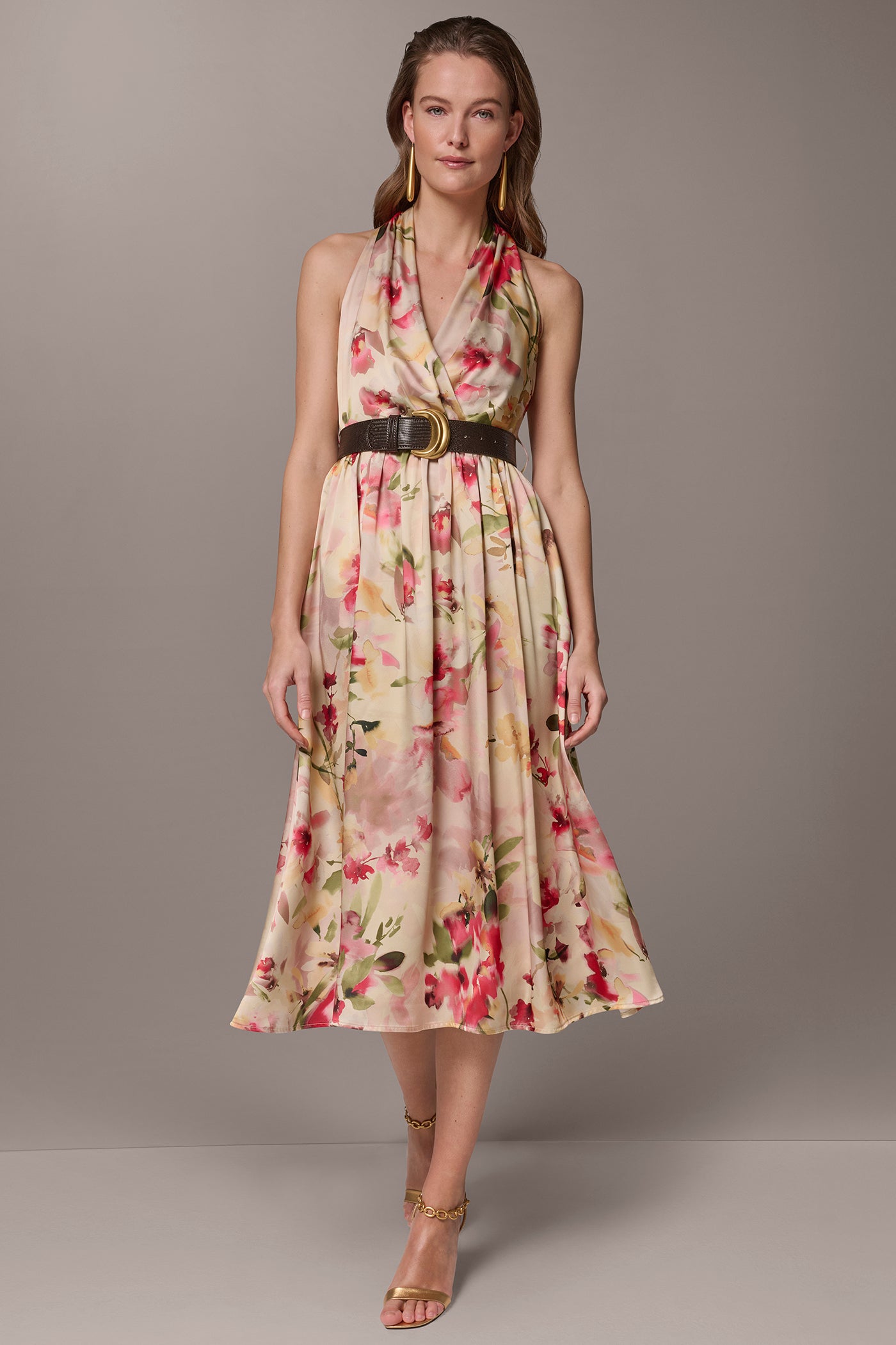 CHARMEUSE FLORAL MIDI HALTER DRESS | View 1 | All Products
