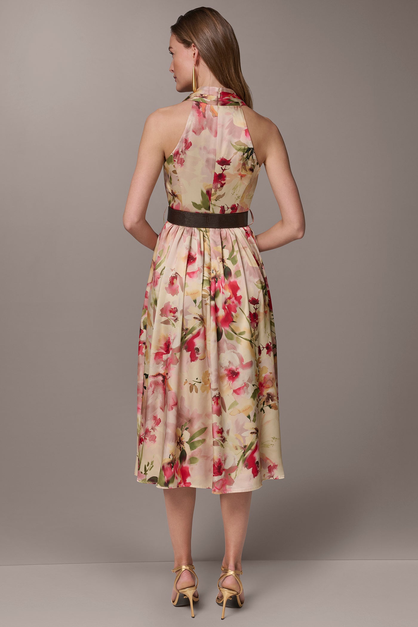 Donna Karan Women's Charmeuse Floral Wrap-Effect Midi Halter Dress in Eggshell Multi Donna Karan Women's Charmeuse Floral Wrap-Effect Midi Halter Dress in Eggshell Multi