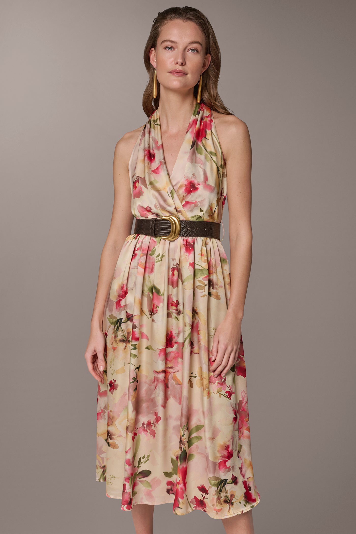 Donna Karan Women's Charmeuse Floral Wrap-Effect Midi Halter Dress in Eggshell Multi Donna Karan Women's Charmeuse Floral Wrap-Effect Midi Halter Dress in Eggshell Multi