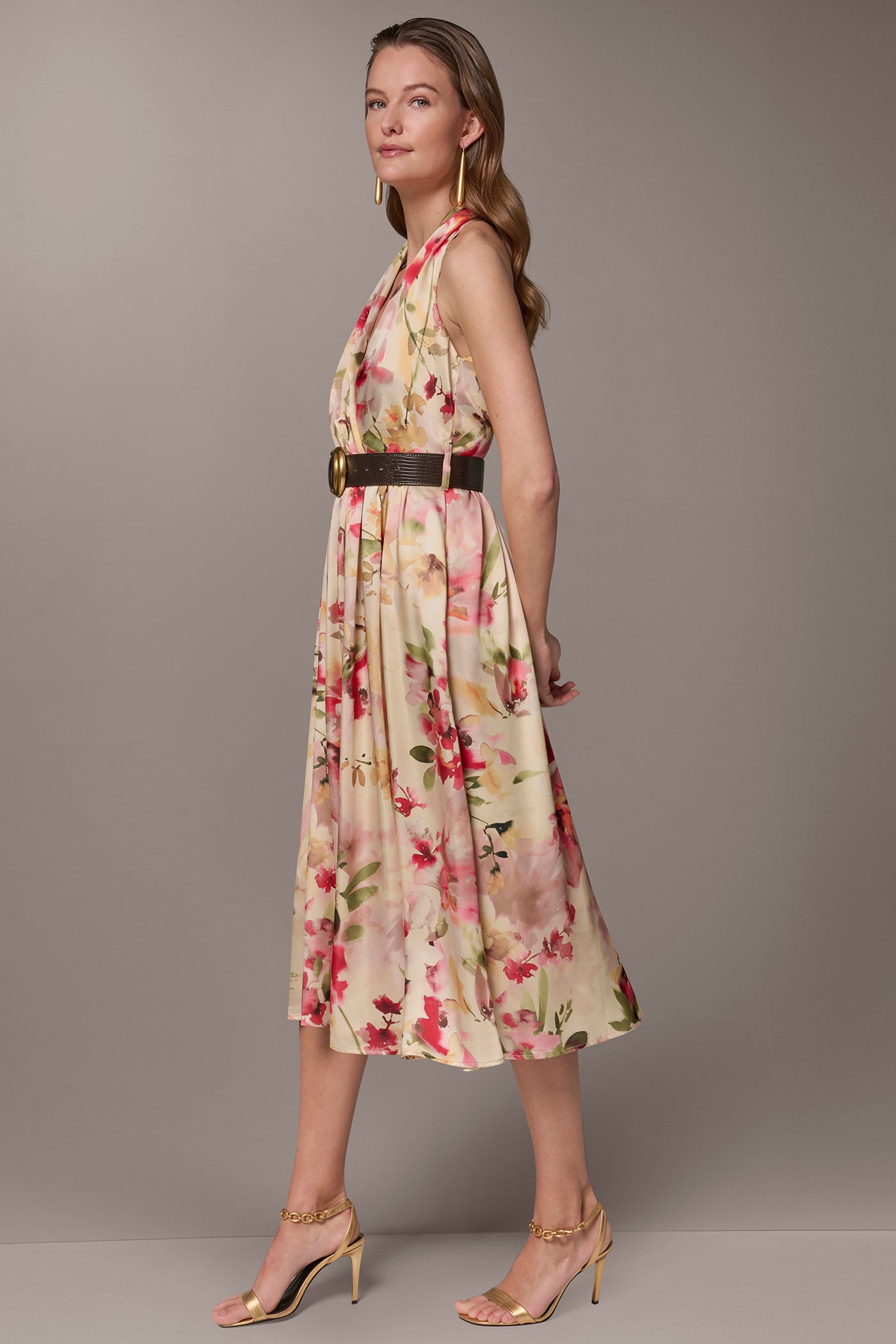 CHARMEUSE FLORAL WRAP-EFFECT MIDI HALTER DRESS VIEW 3 | New Dresses