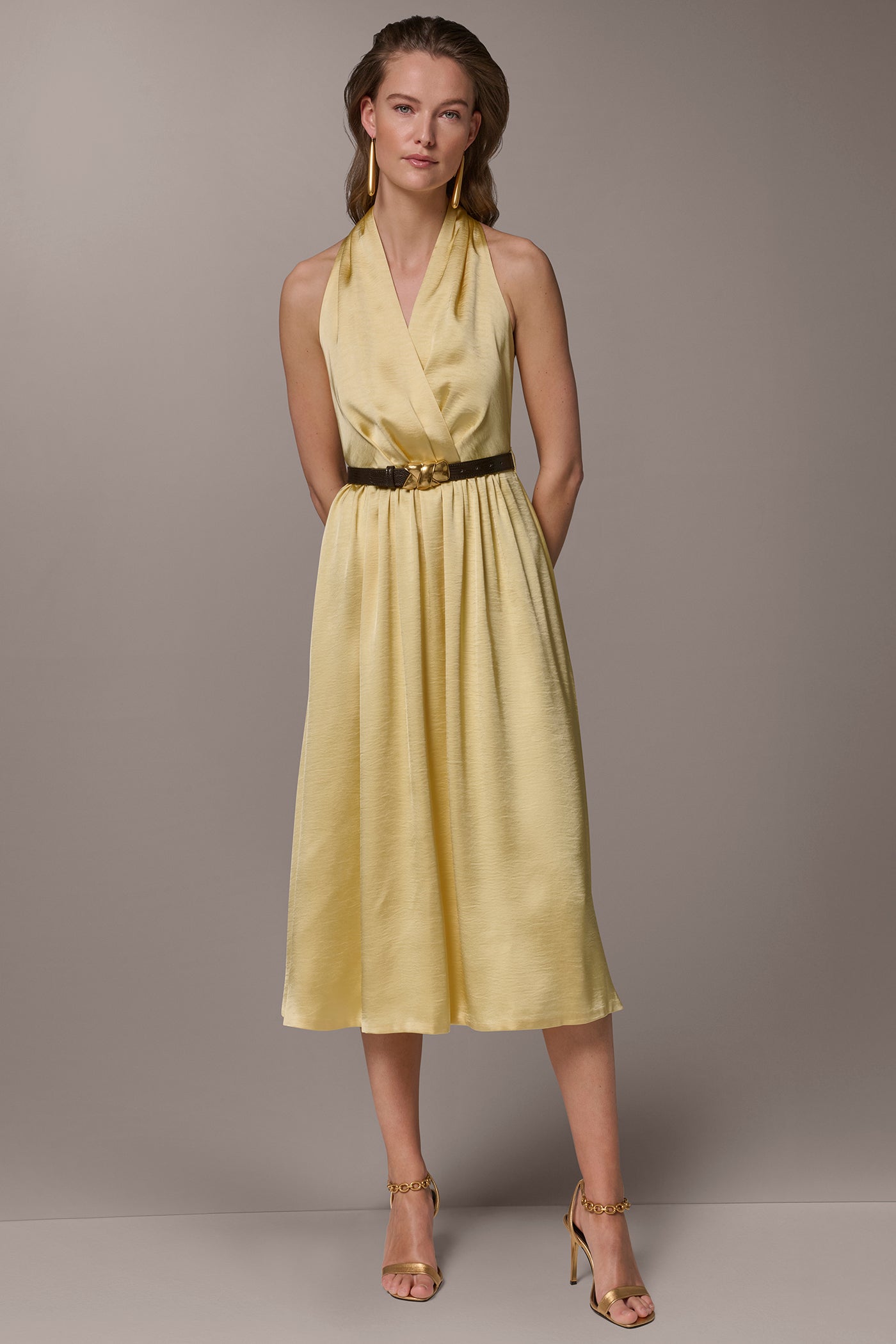 SATIN-JACQUARD WRAP-EFFECT MIDI HALTER DRESS | View 1 | All Products