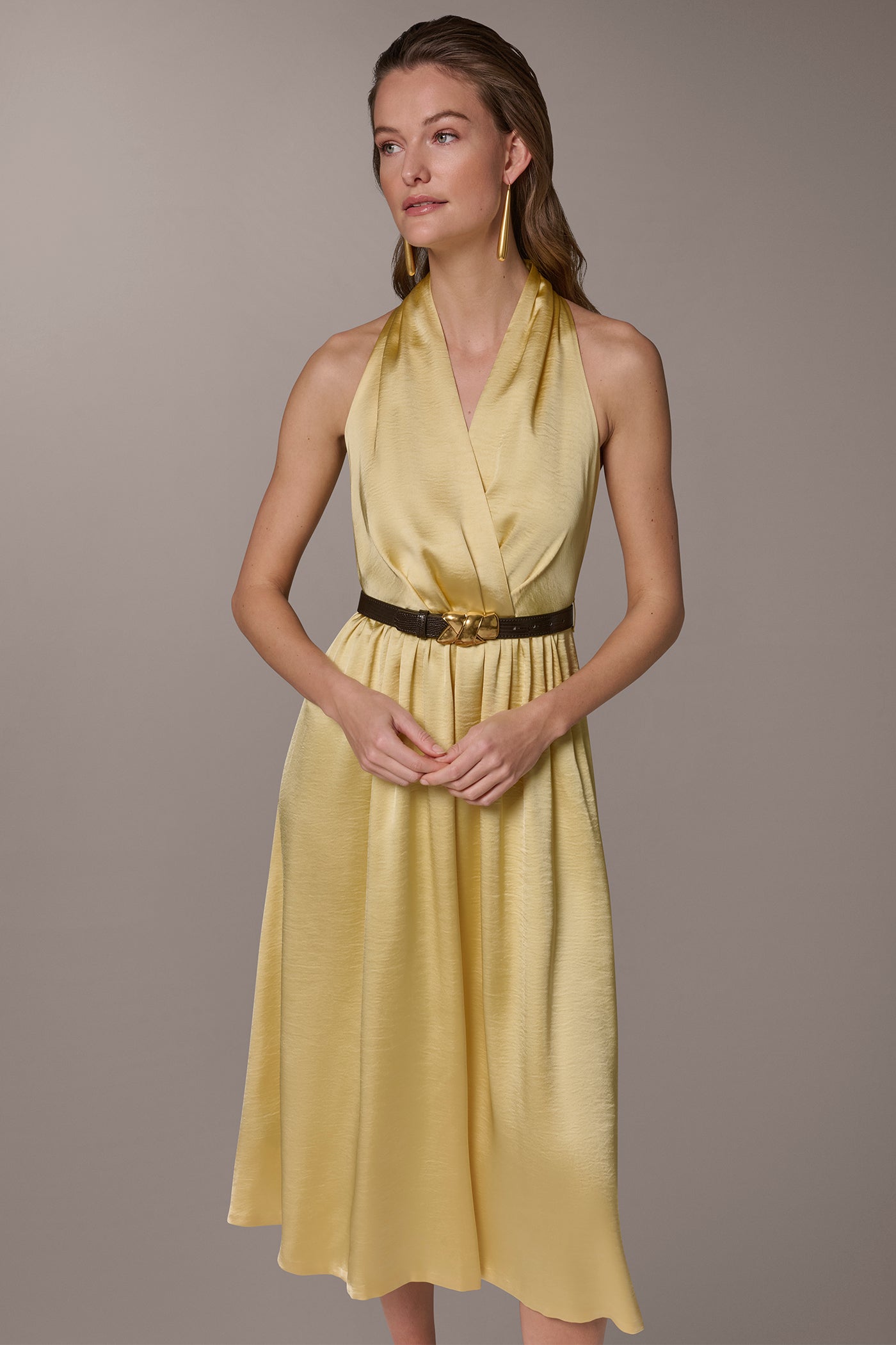 SATIN-JACQUARD WRAP-EFFECT MIDI HALTER DRESS VIEW 4 | New Dresses