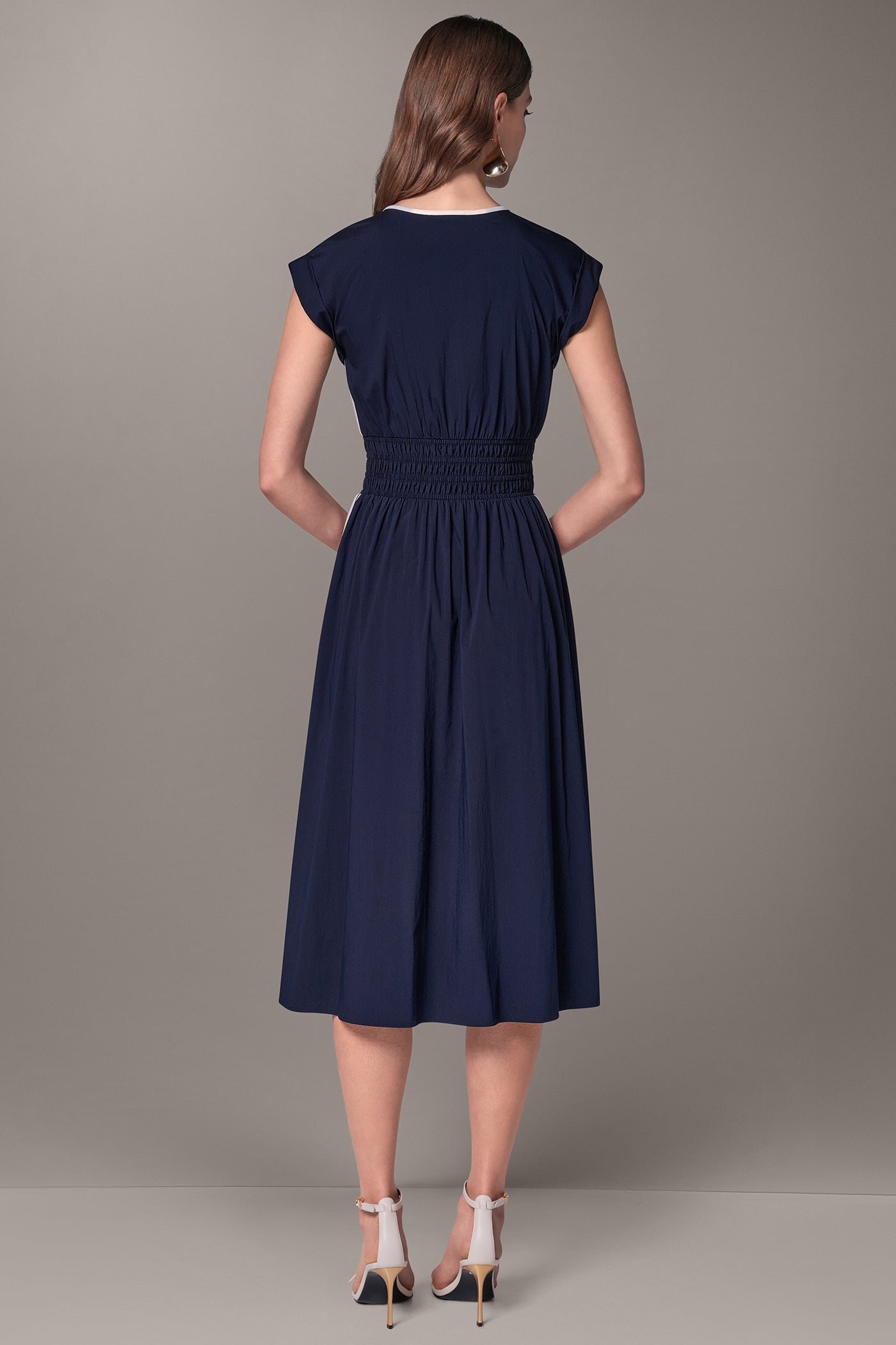 CAP-SLEEVE PIPED MIDI A-LINE DRESS VIEW 3