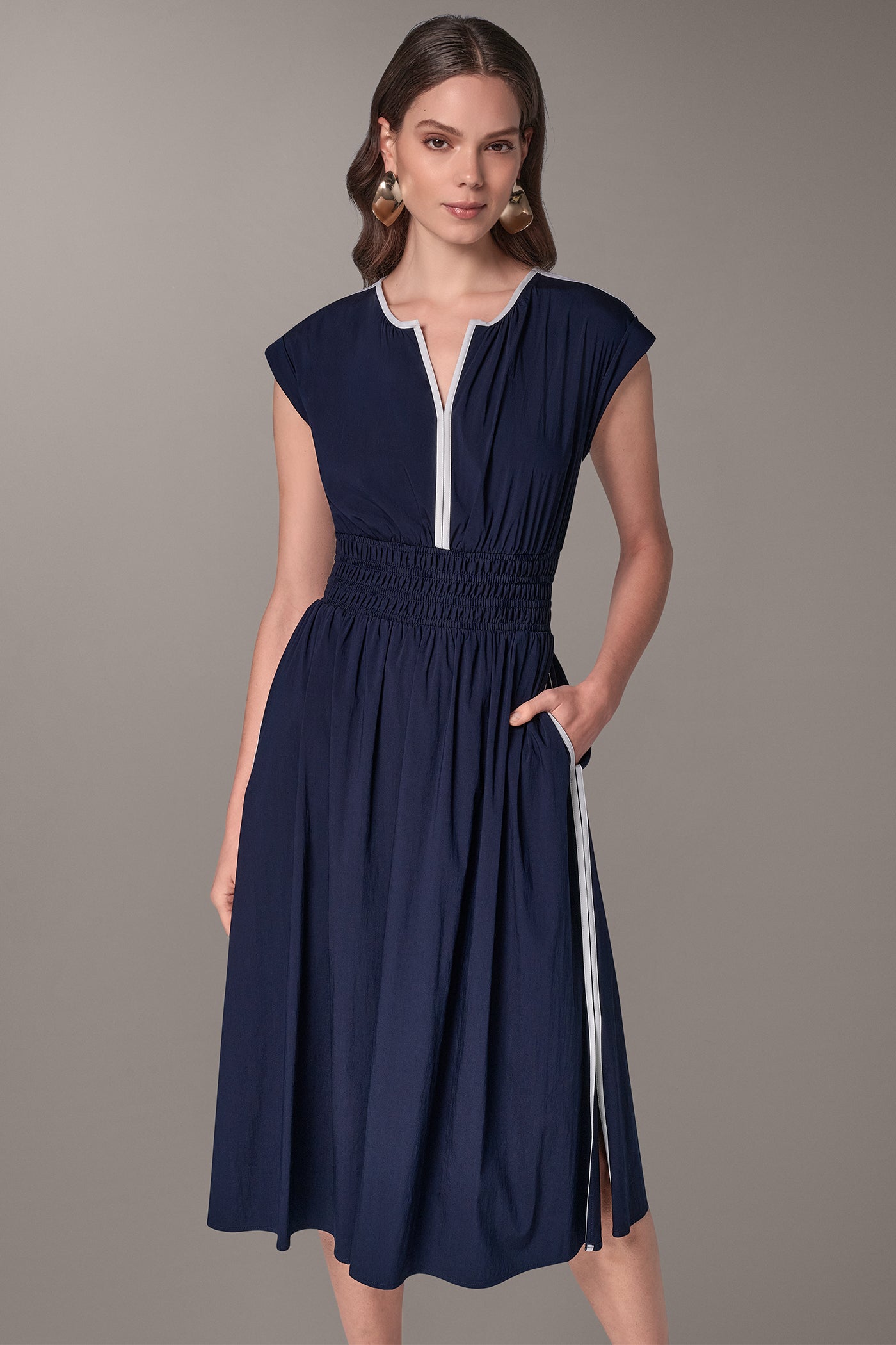 CAP-SLEEVE PIPED MIDI A-LINE DRESS VIEW 4