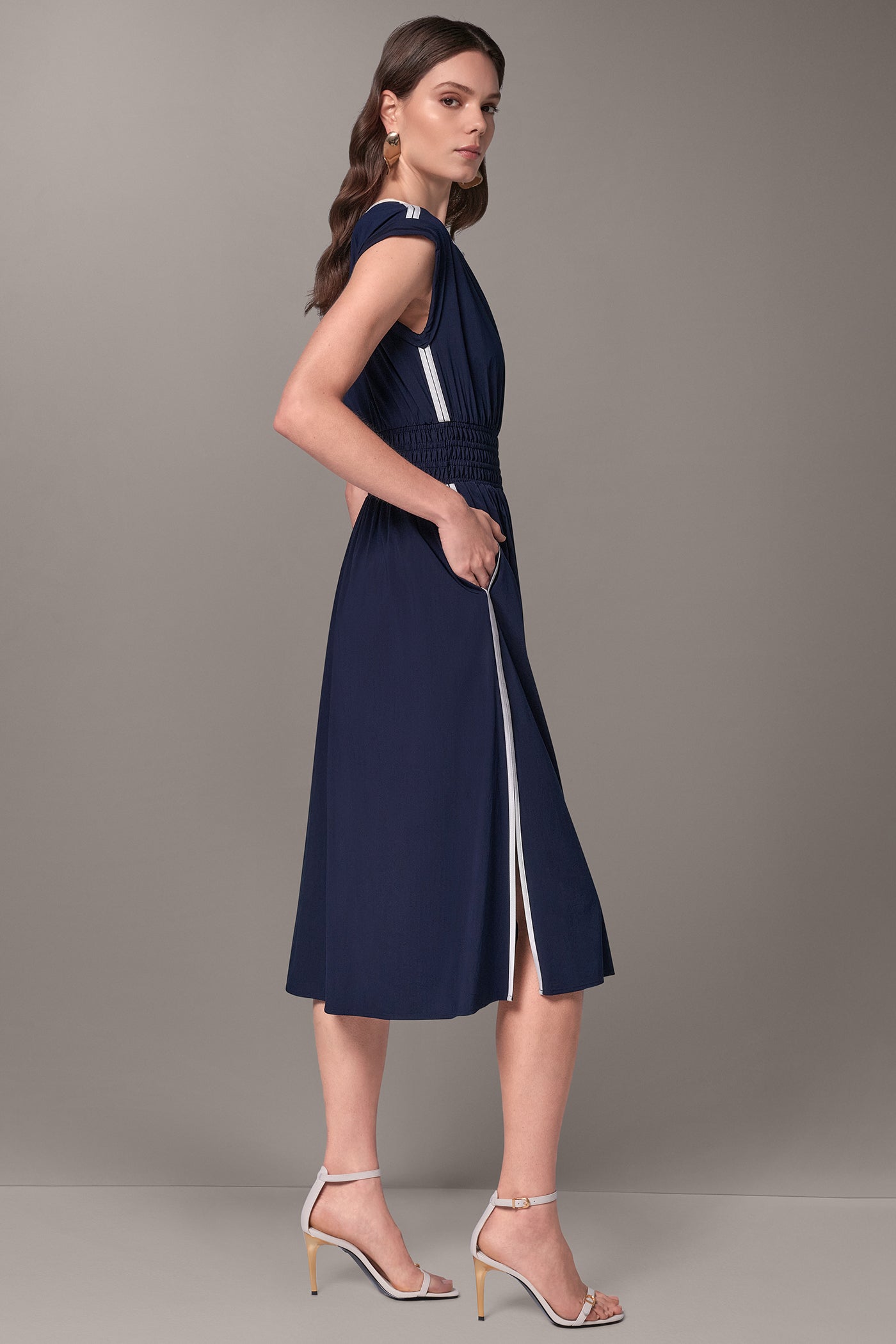 CAP-SLEEVE PIPED MIDI A-LINE DRESS (alternate view)