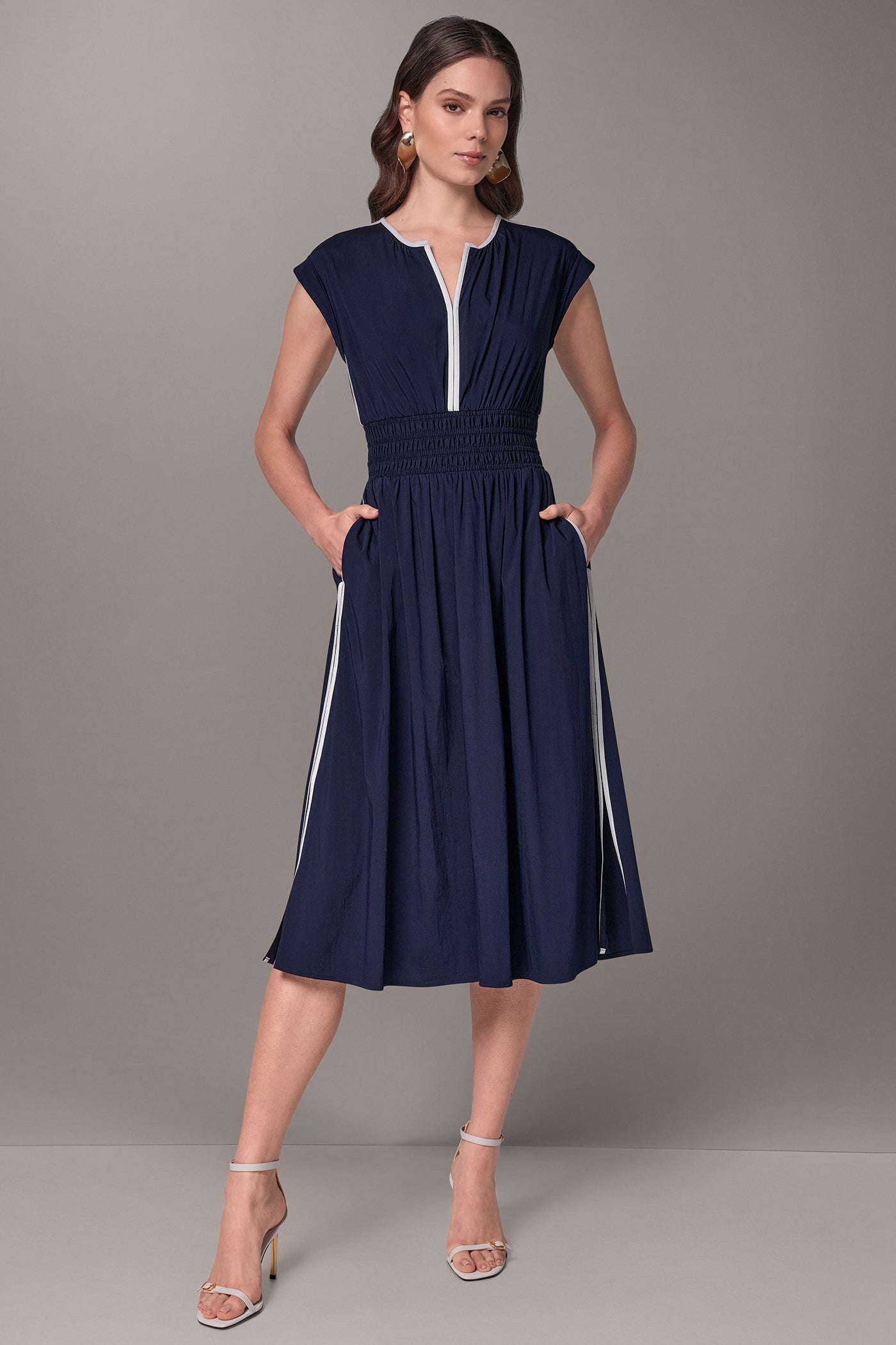 CAP-SLEEVE PIPED MIDI A-LINE DRESS