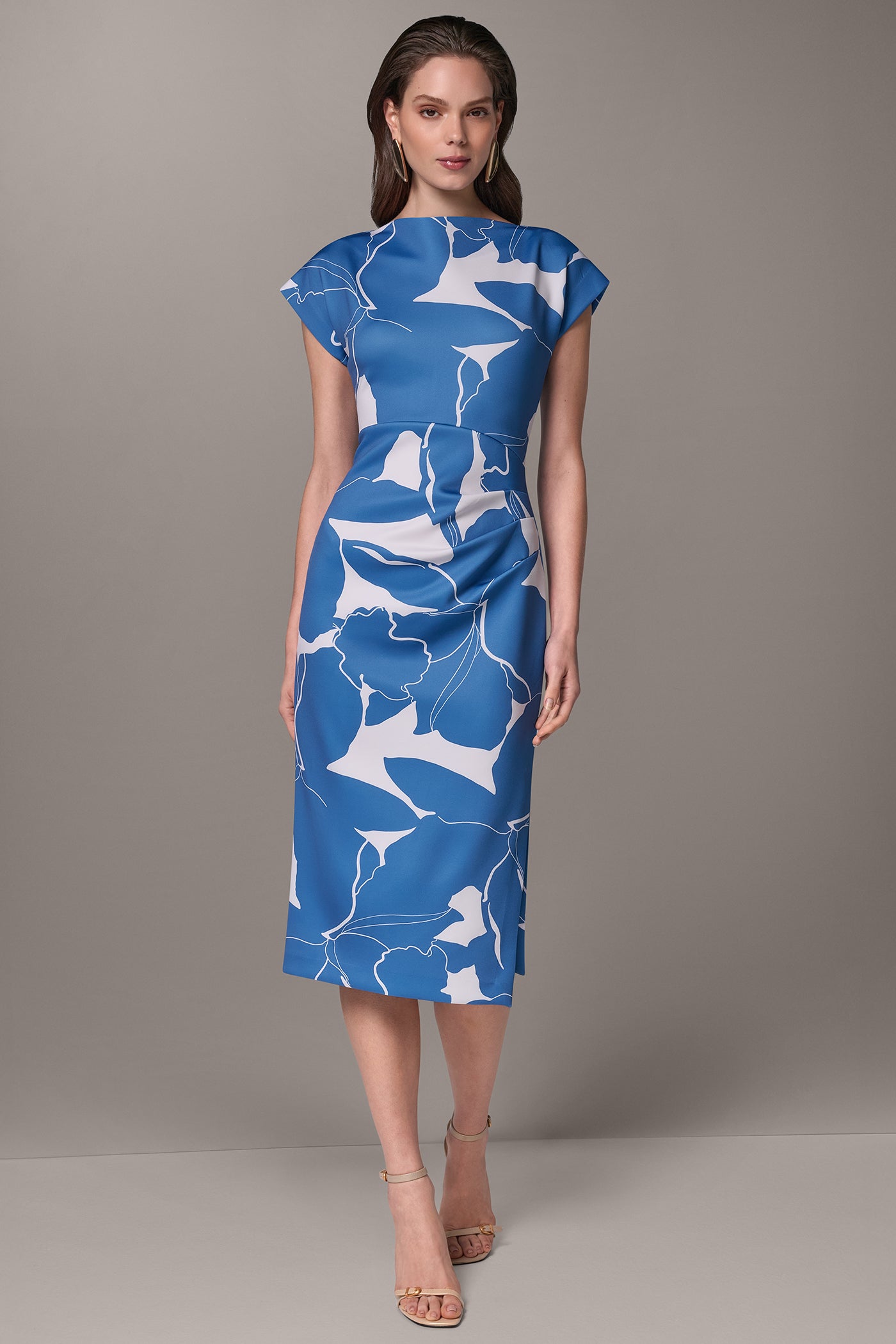SHORT SLEEVE FLORAL MIDI SHEATH DRESS VIEW 1