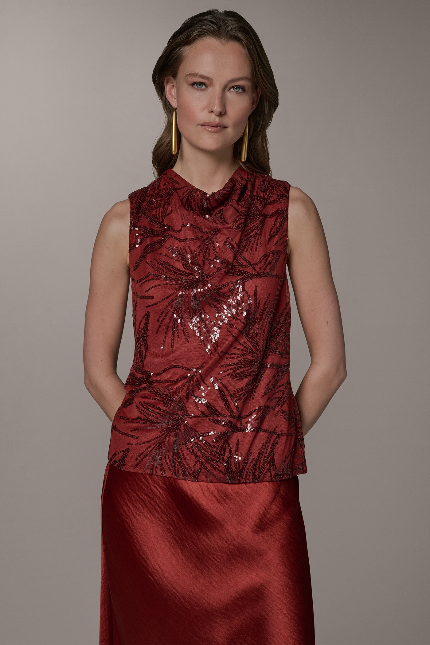 SLEEVELESS COWL NECK SEQUIN BLOUSE