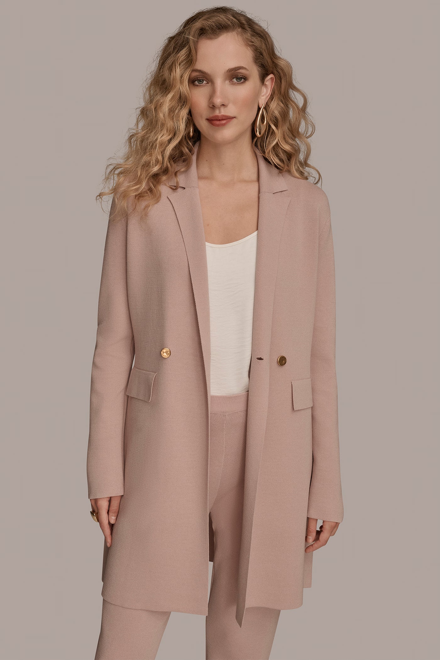 DOUBLE-BREASTED KNIT LONGLINE BLAZER | View 1 | New Arrivals