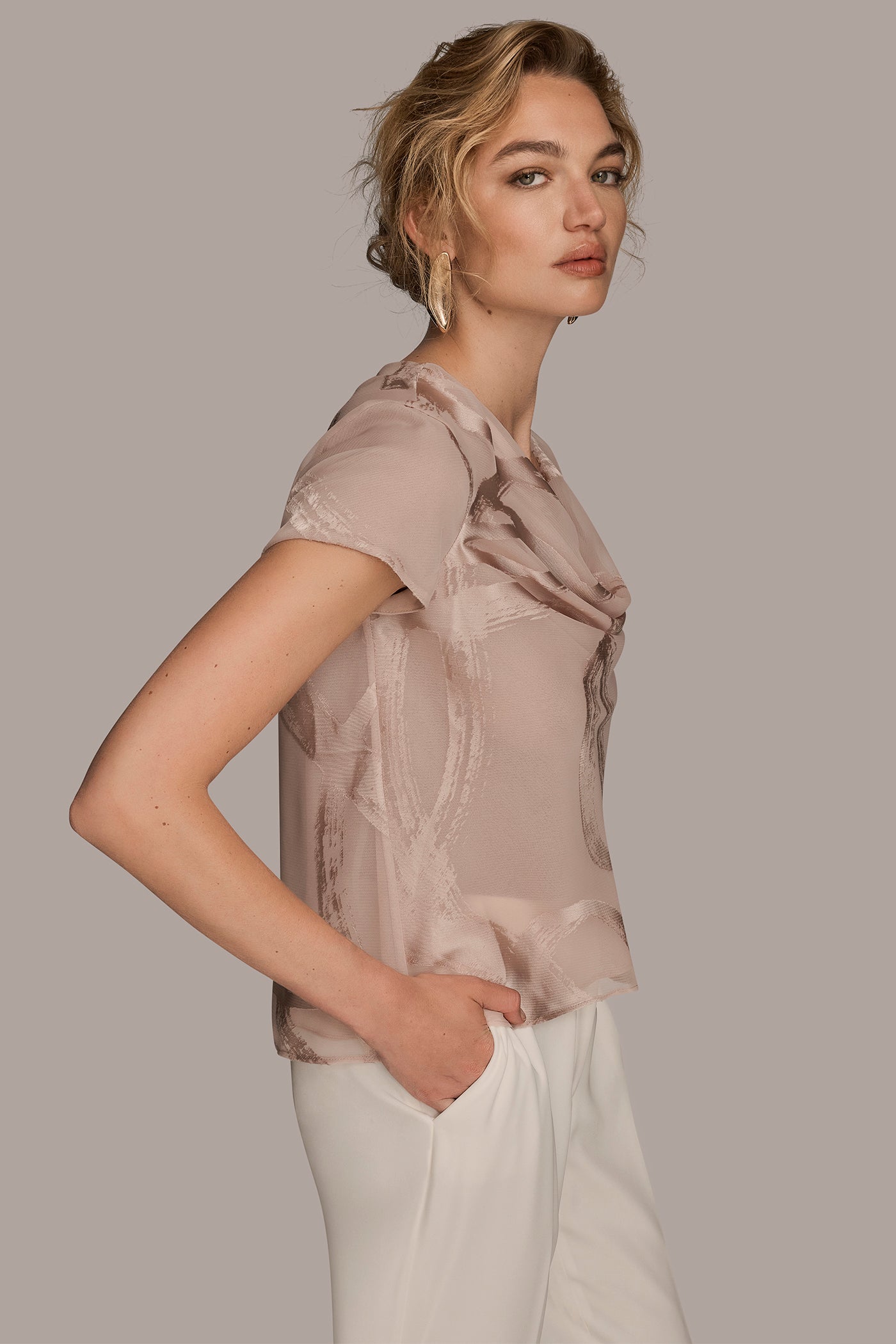 BURNOUT CAP SLEEVE COWL NECK TOP VIEW 3 | All Products
