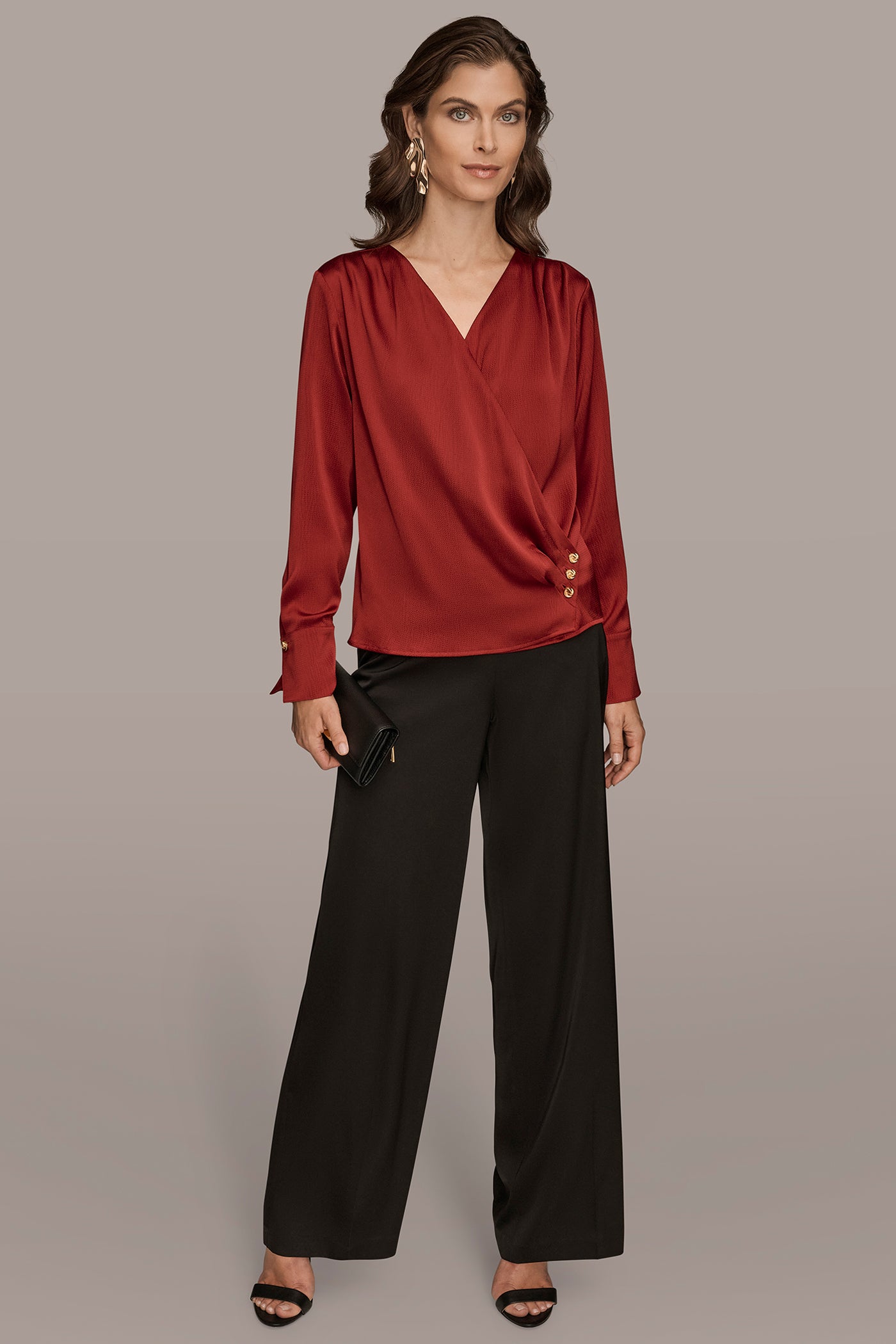 HAMMERED SATIN LONG SLEEVE FAUX WRAP TOP VIEW 4 | Tops & Sweaters