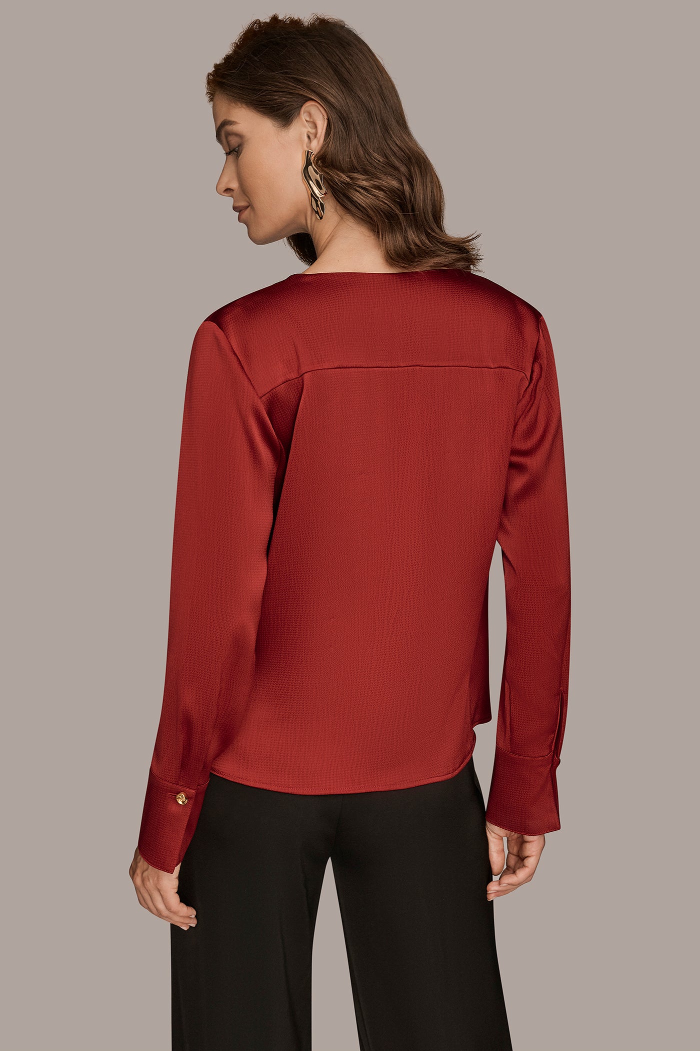 HAMMERED SATIN LONG SLEEVE FAUX WRAP TOP | View 2 | Tops & Sweaters