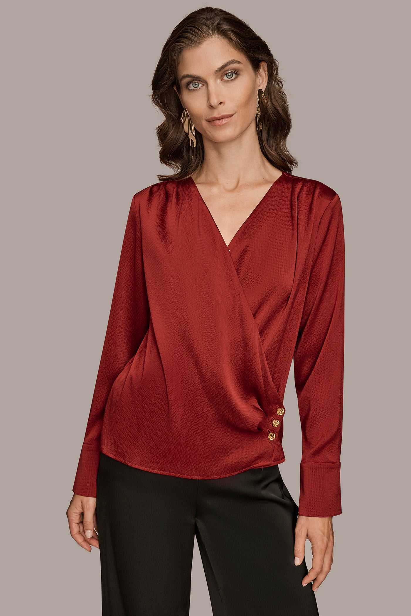 HAMMERED SATIN LONG SLEEVE FAUX WRAP TOP | View 1 | Tops & Sweaters