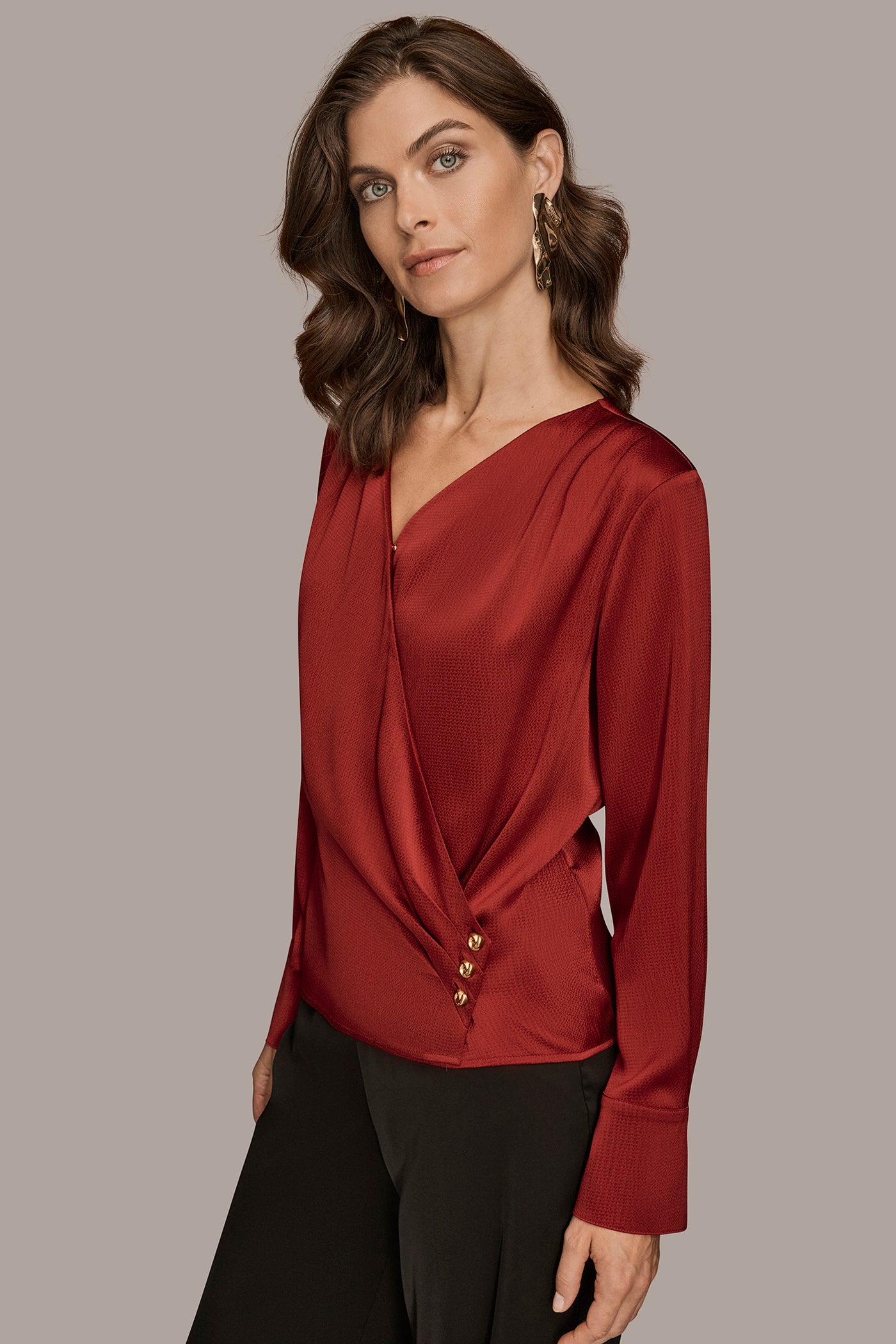 HAMMERED SATIN LONG SLEEVE FAUX WRAP TOP VIEW 3 | Tops & Sweaters