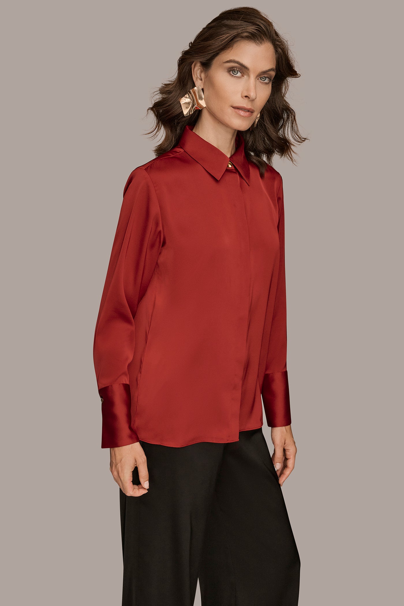 SOLID SATIN BUTTON DOWN BLOUSE VIEW 3 | New clothing