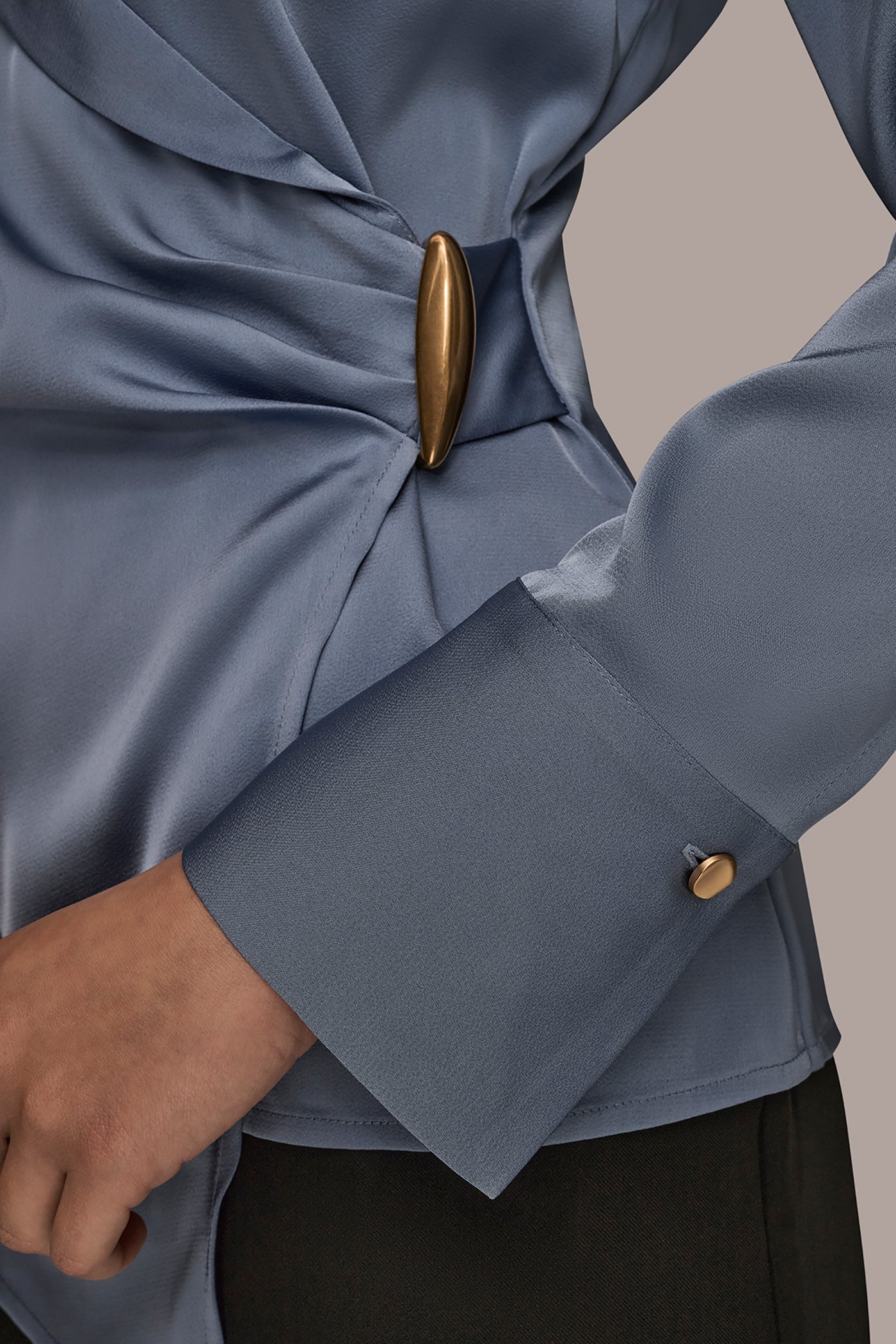 ASYMMETRIC WRAP-EFFECT BUTTON-EMBELLISHED SATIN BLOUSE VIEW 5 | Tops