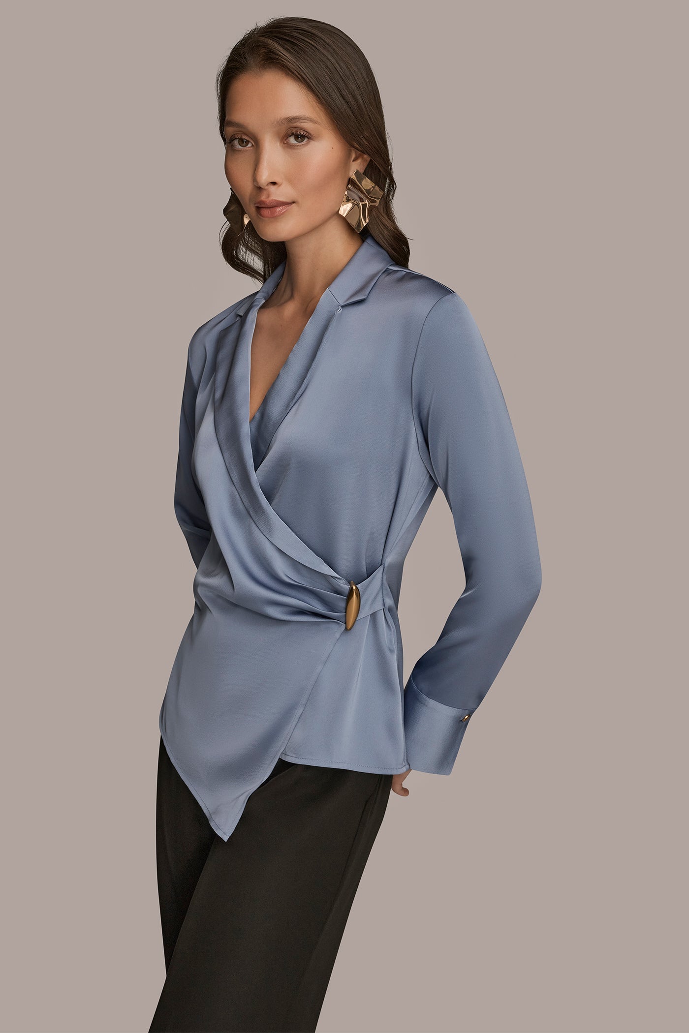ASYMMETRIC WRAP-EFFECT BUTTON-EMBELLISHED SATIN BLOUSE VIEW 3 | Tops