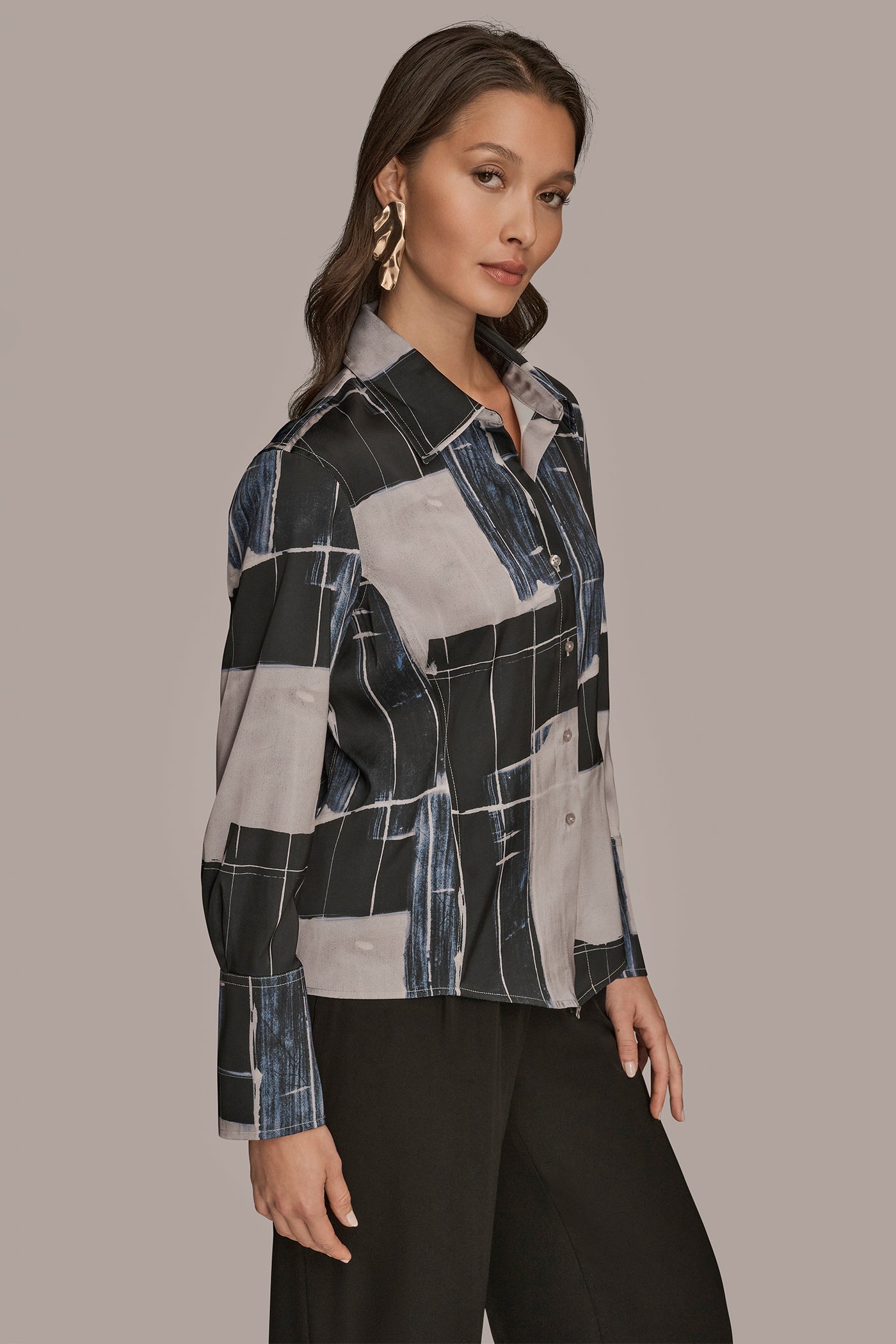 ABSTRACT PRINT HANDKERCHIEF HEM SATIN SHIRT VIEW 3 | Tops