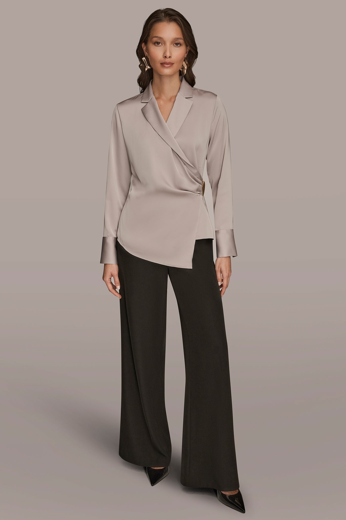 ASYMMETRIC WRAP-EFFECT BUTTON-EMBELLISHED SATIN BLOUSE VIEW 6 | Tops
