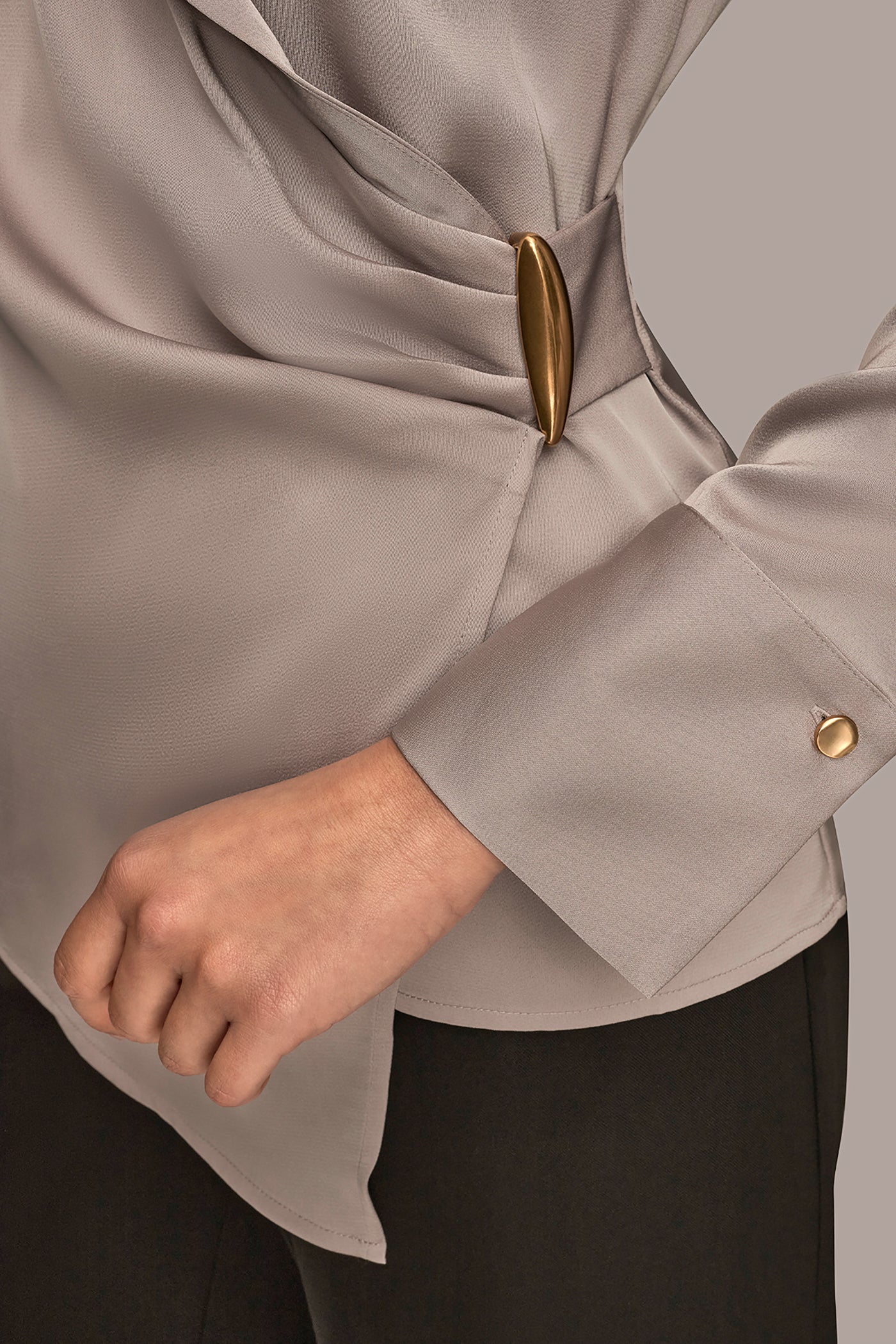 ASYMMETRIC WRAP-EFFECT BUTTON-EMBELLISHED SATIN BLOUSE VIEW 5 | Tops