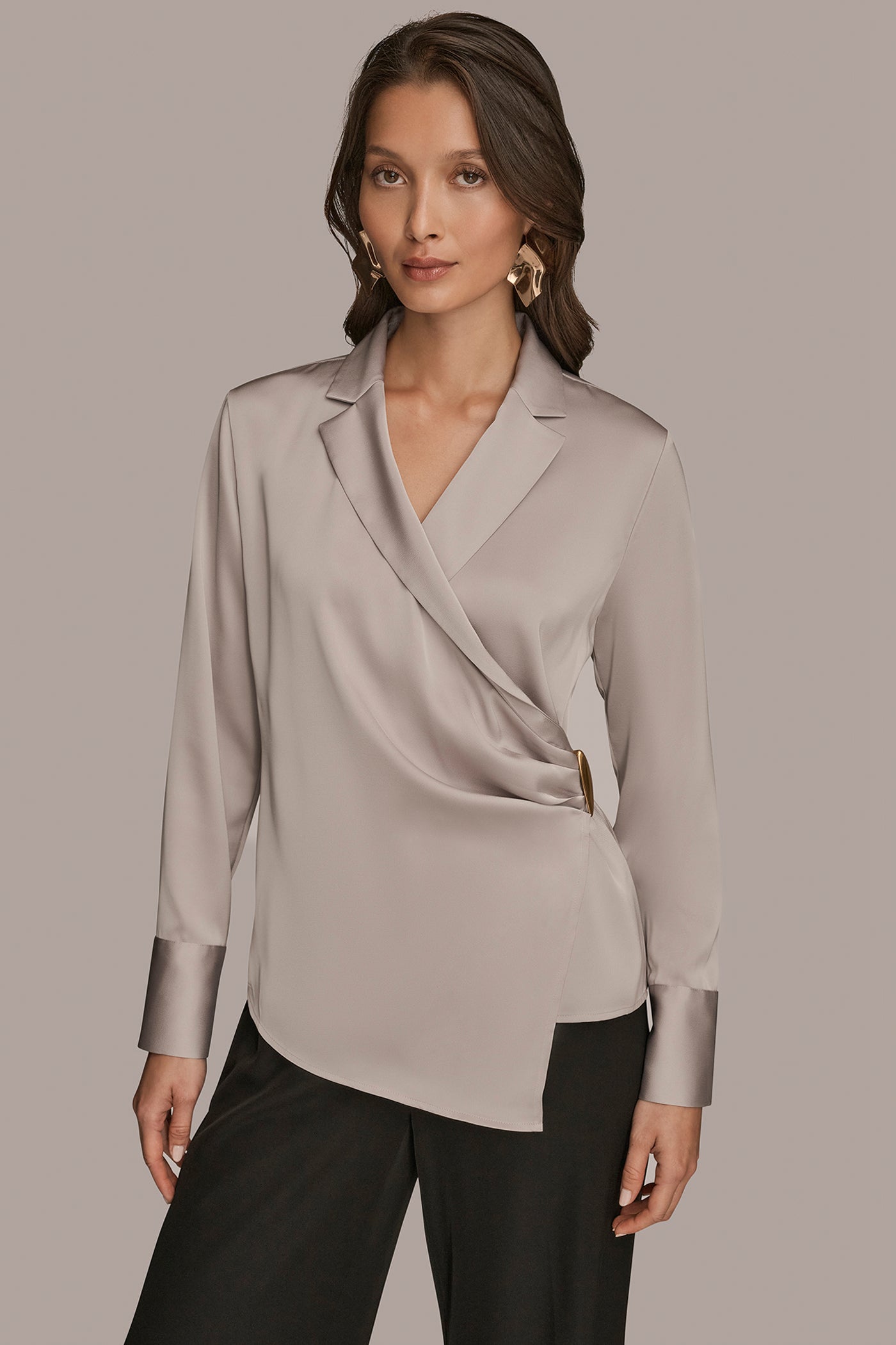 ASYMMETRIC WRAP-EFFECT BUTTON-EMBELLISHED SATIN BLOUSE | View 1 | Tops