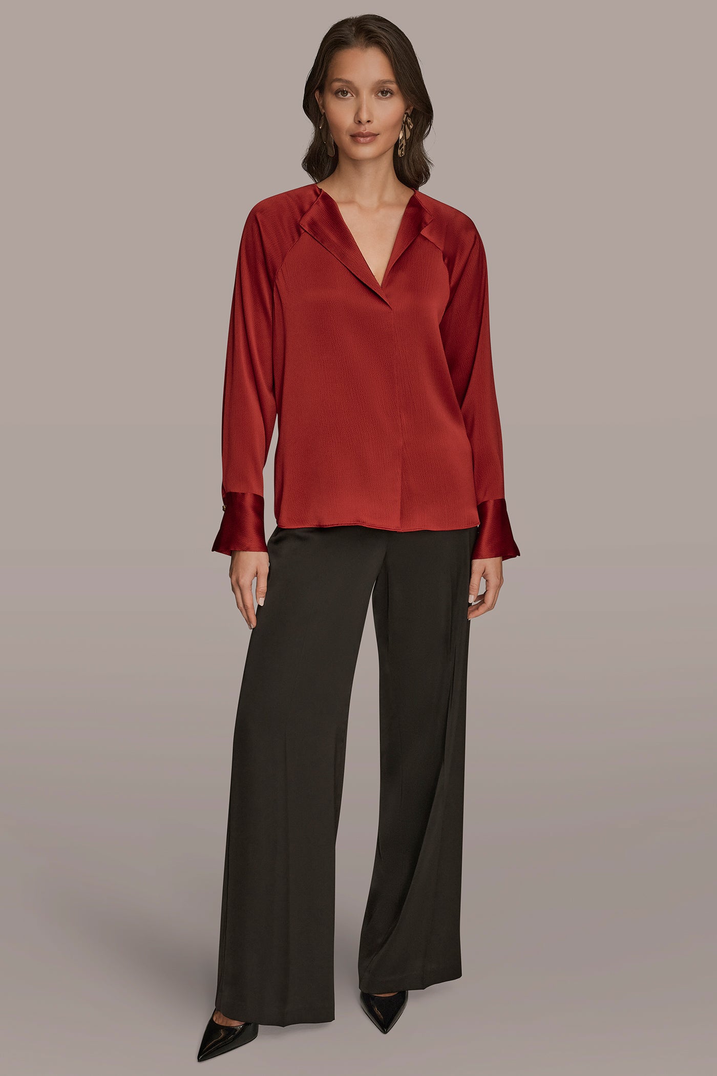 HAMMERED SATIN LONG SLEEVE V-NECK TOP VIEW 4 | Tops & Sweaters