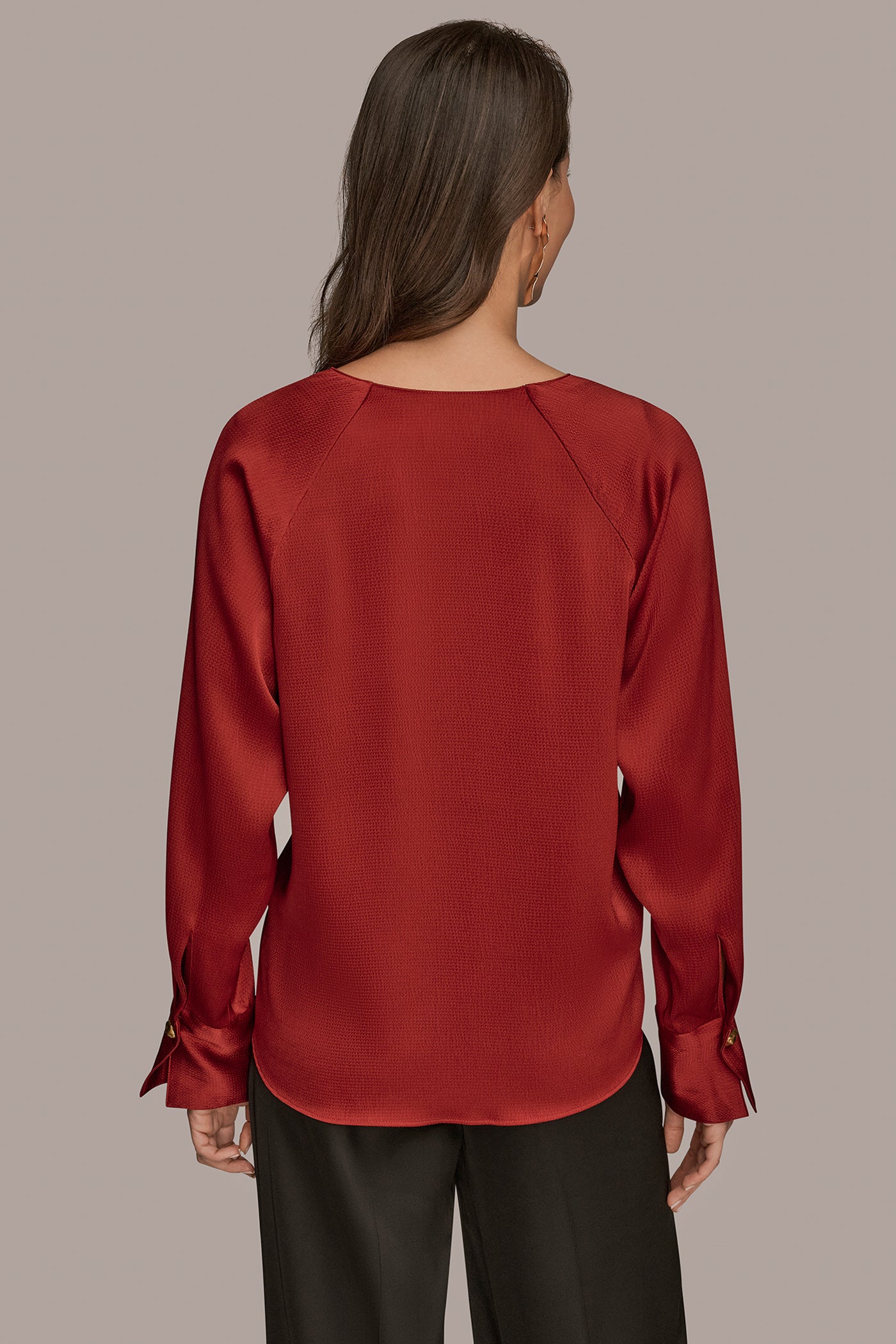 HAMMERED SATIN LONG SLEEVE V-NECK TOP | View 2 | Tops & Sweaters