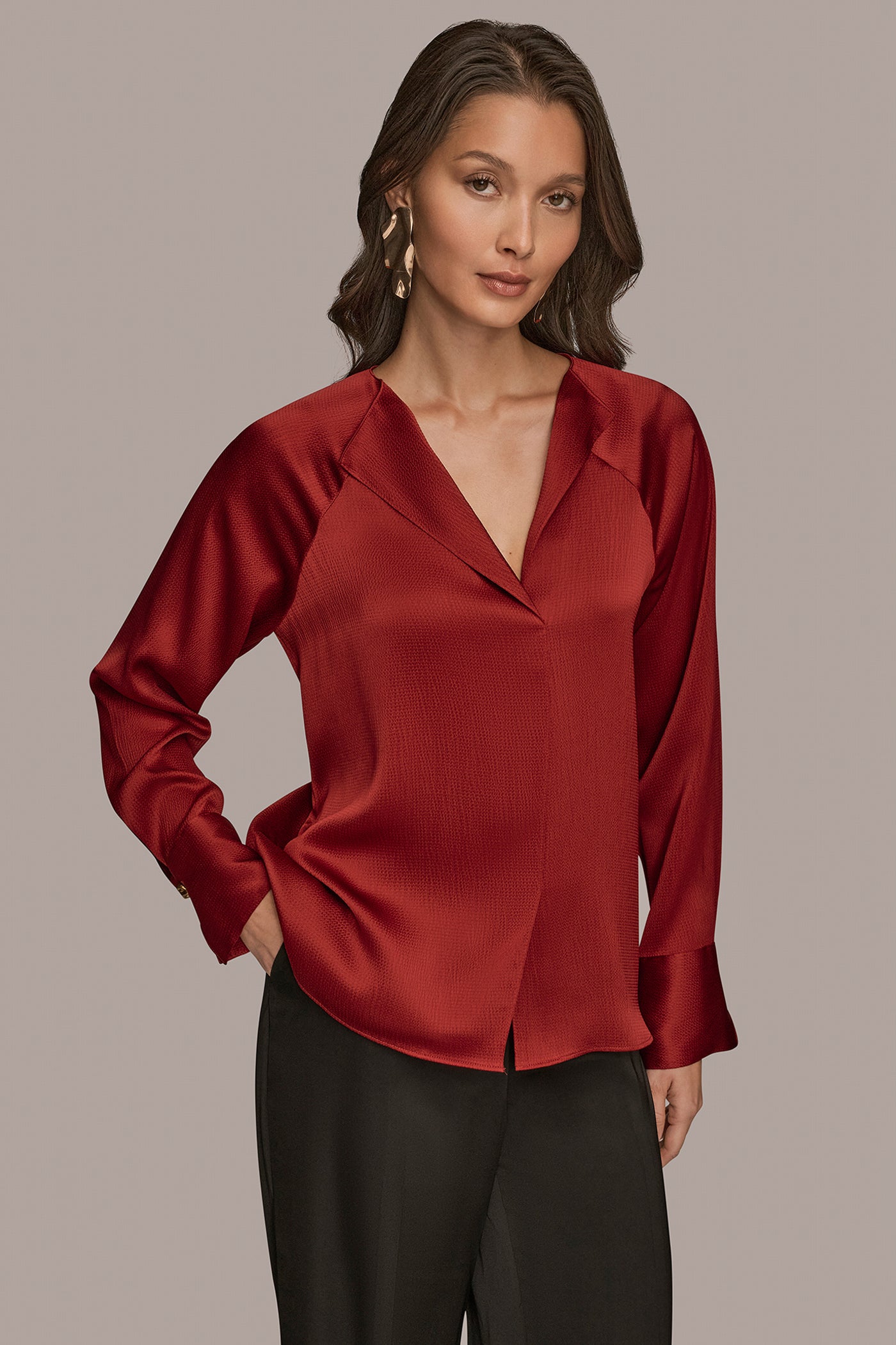 HAMMERED SATIN LONG SLEEVE V-NECK TOP | View 1 | Tops & Sweaters