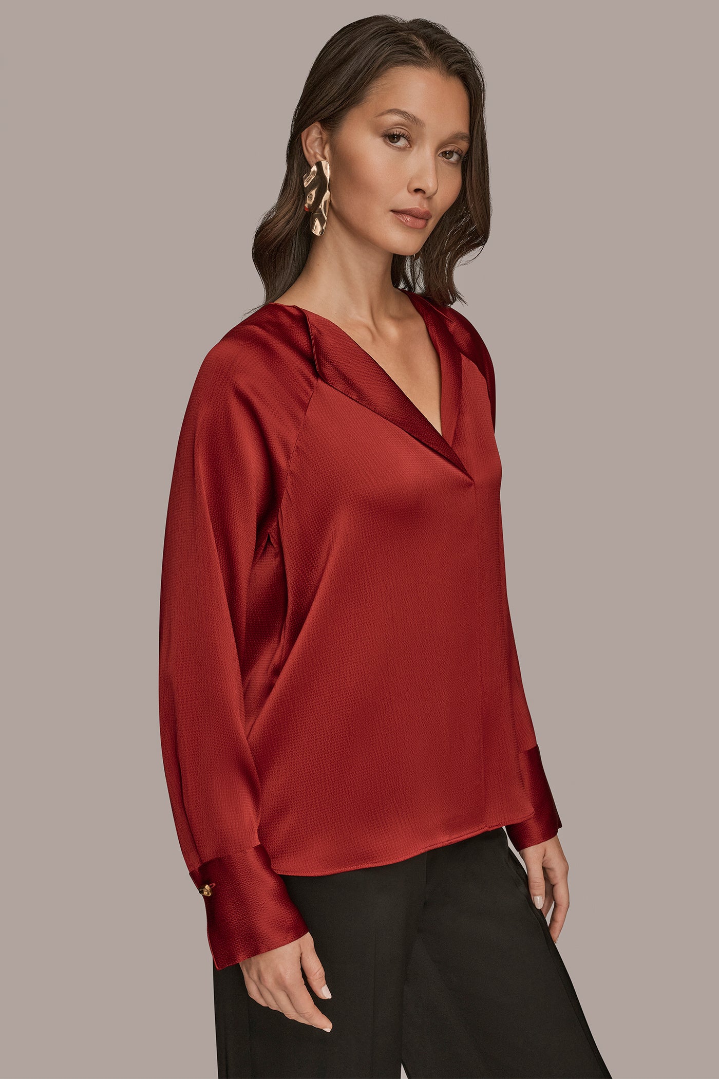 HAMMERED SATIN LONG SLEEVE V-NECK TOP VIEW 3 | Tops & Sweaters