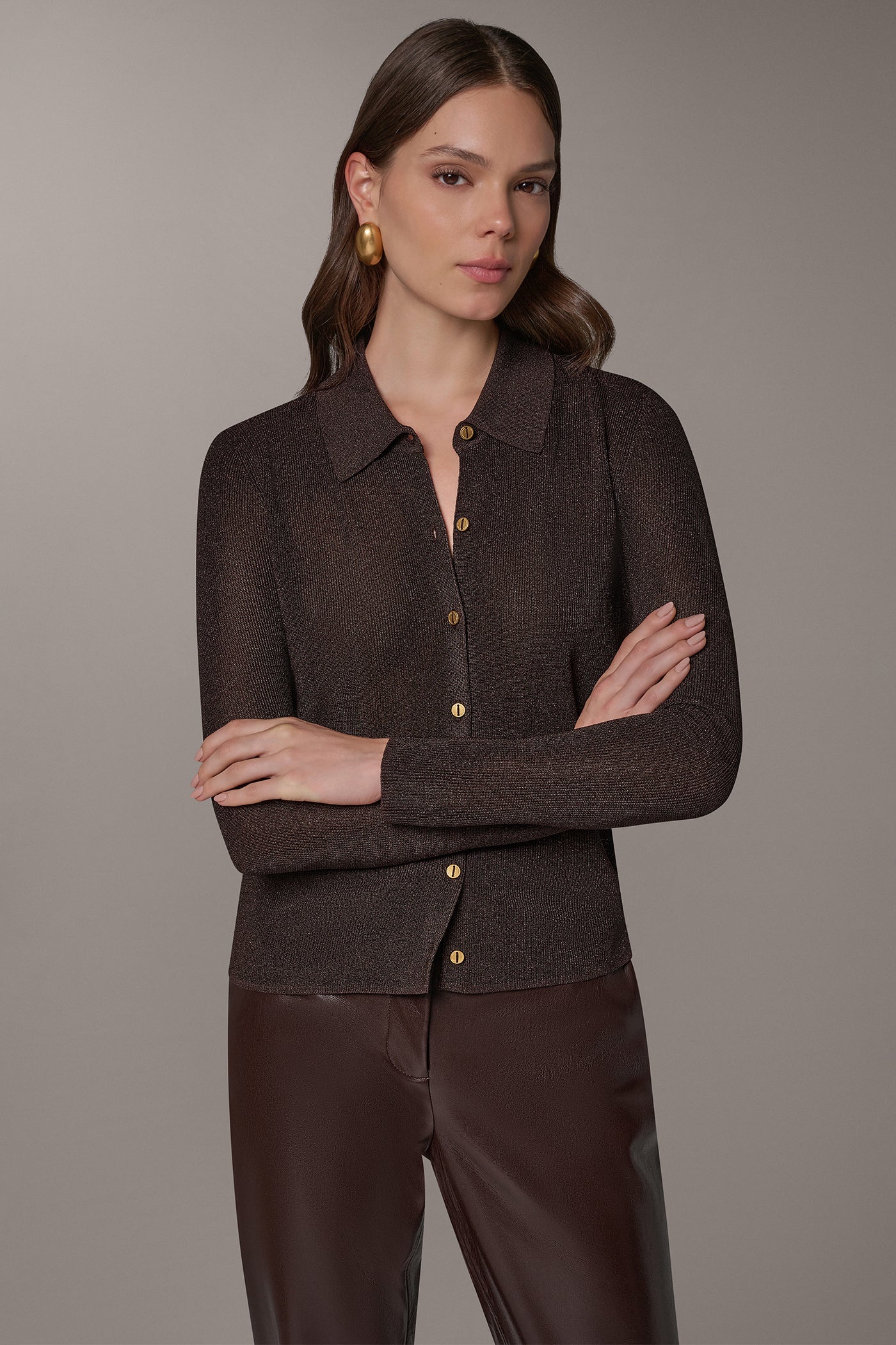 METALLIC BUTTON FRONT SWEATER VIEW 1