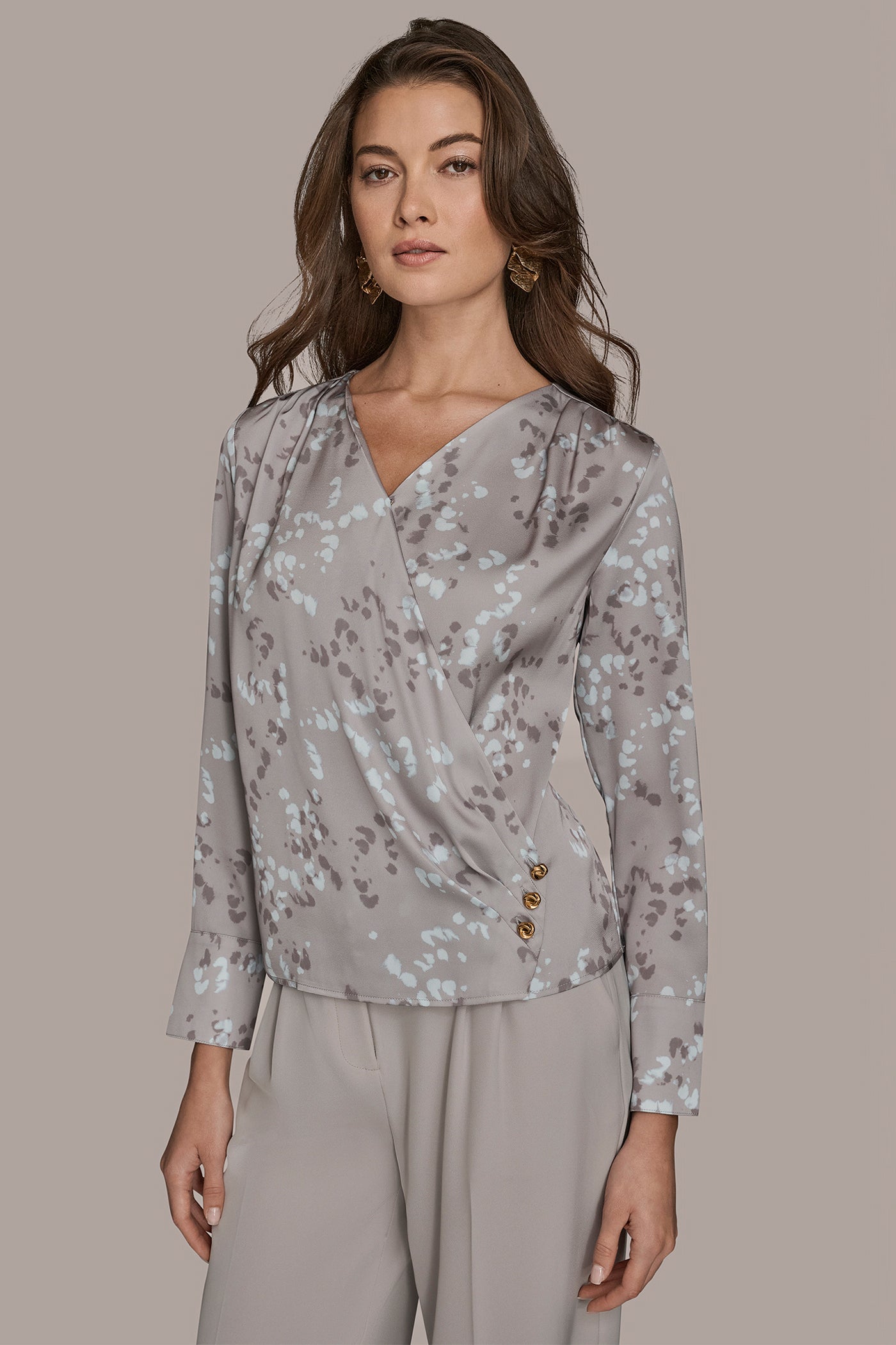 LONG SLEEVE FAUX-WRAP BLOUSE | View 1 | Tops