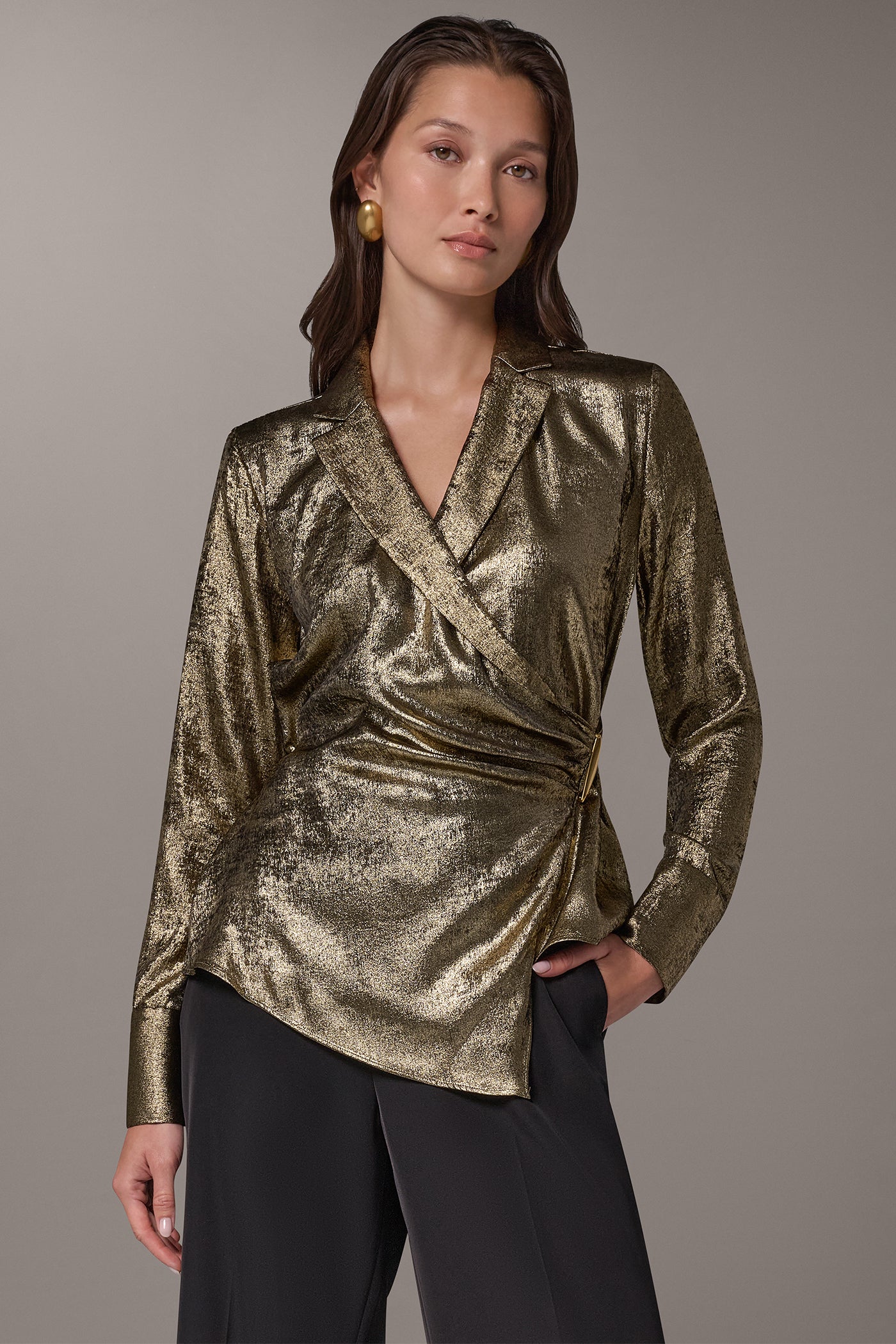METALLIC WRAP-EFFECT BLOUSE