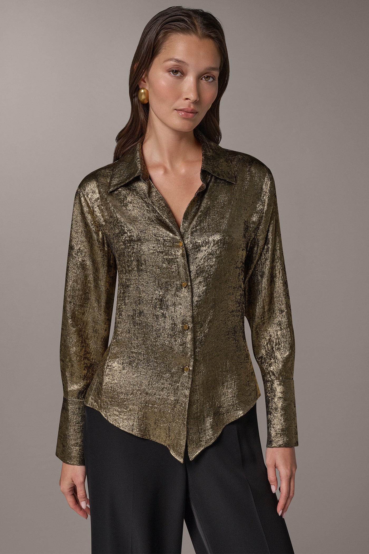 METALLIC V-NECK BUTTON FRONT BLOUSE VIEW 1