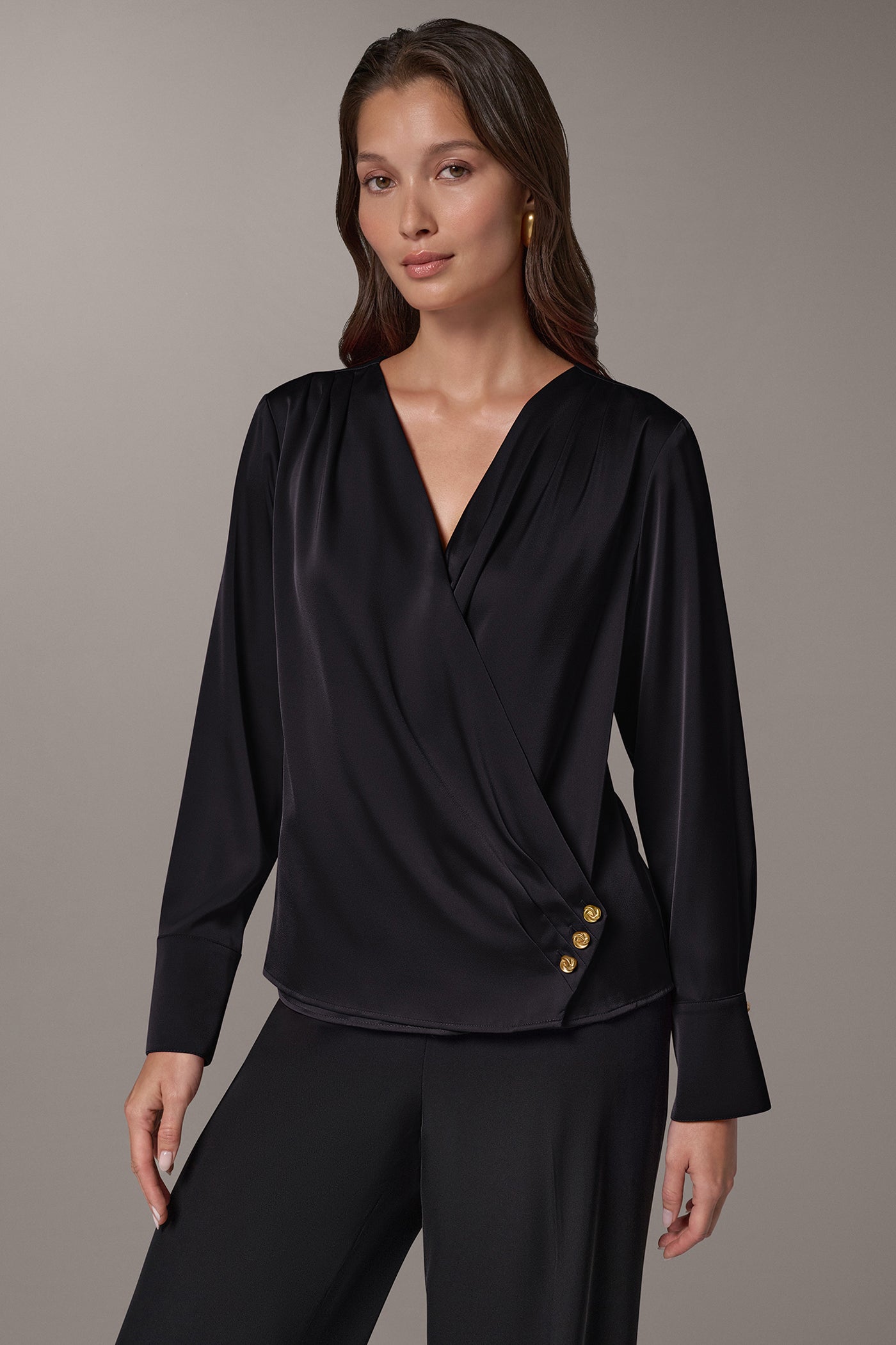 SATIN WRAP-EFFECT V-NECK TOP VIEW 1